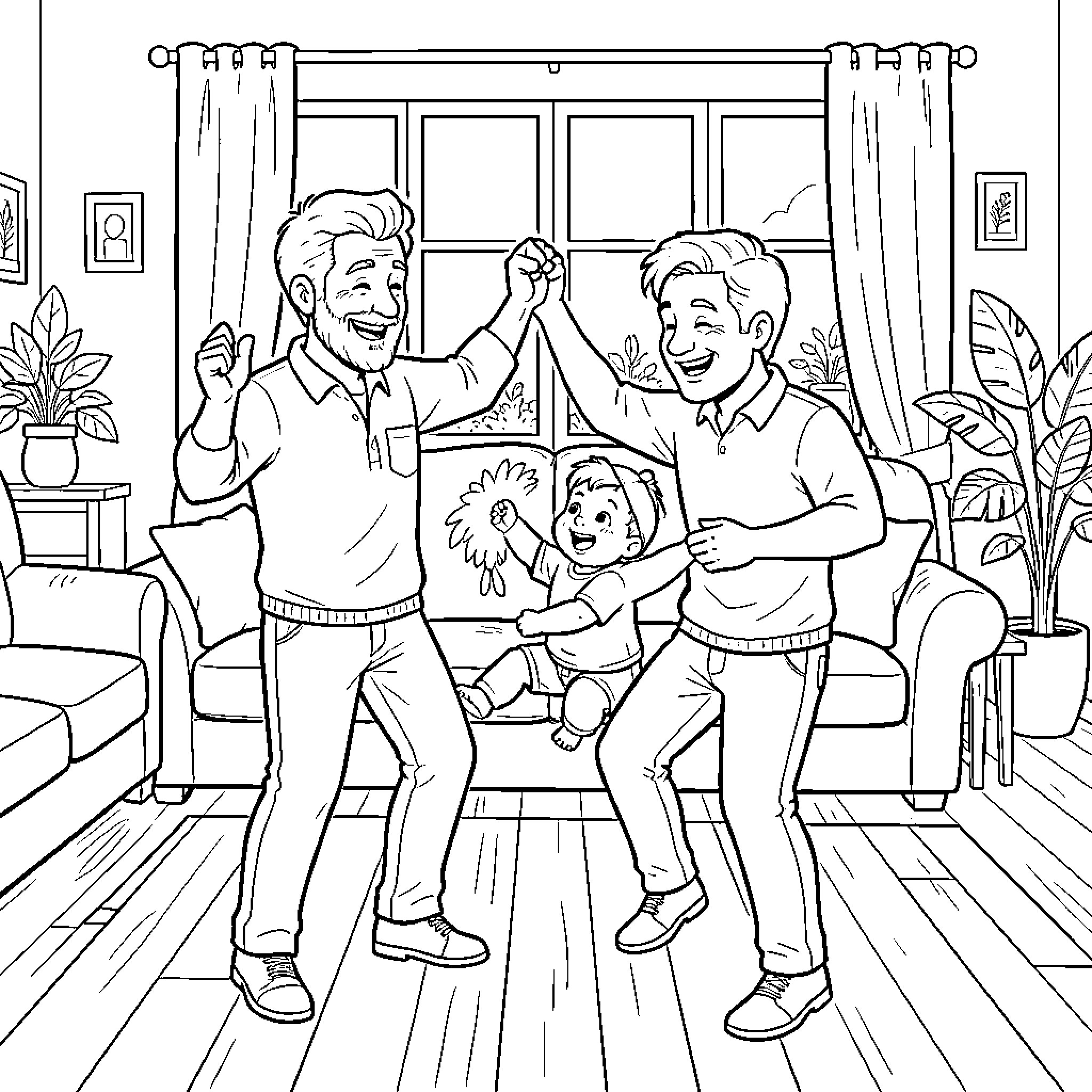 Father dancing joyfully with his son and grandchild Coloring Page (free black-and-white line drawing printable PDF for all, from beginners to advanced learners, including children, teens, adults, and seniors)