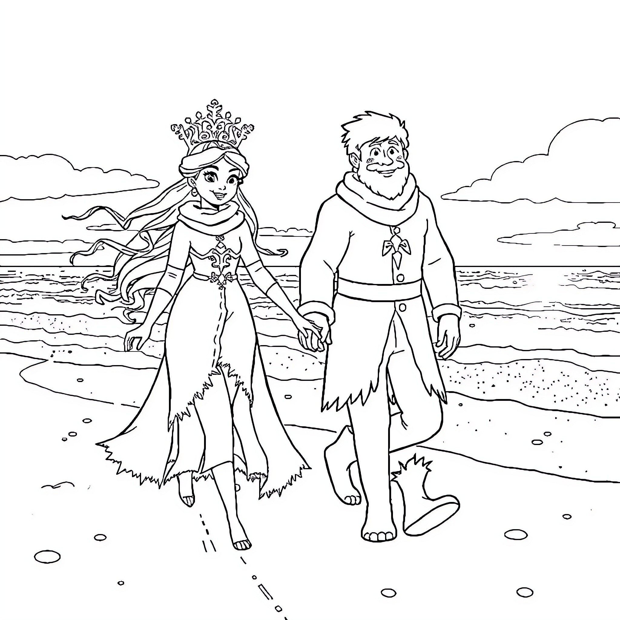 Queen and King Enjoying a Beach Walk Coloring Page (free black-and-white line drawing printable PDF for all, from beginners to advanced learners, including children, teens, adults, and seniors)