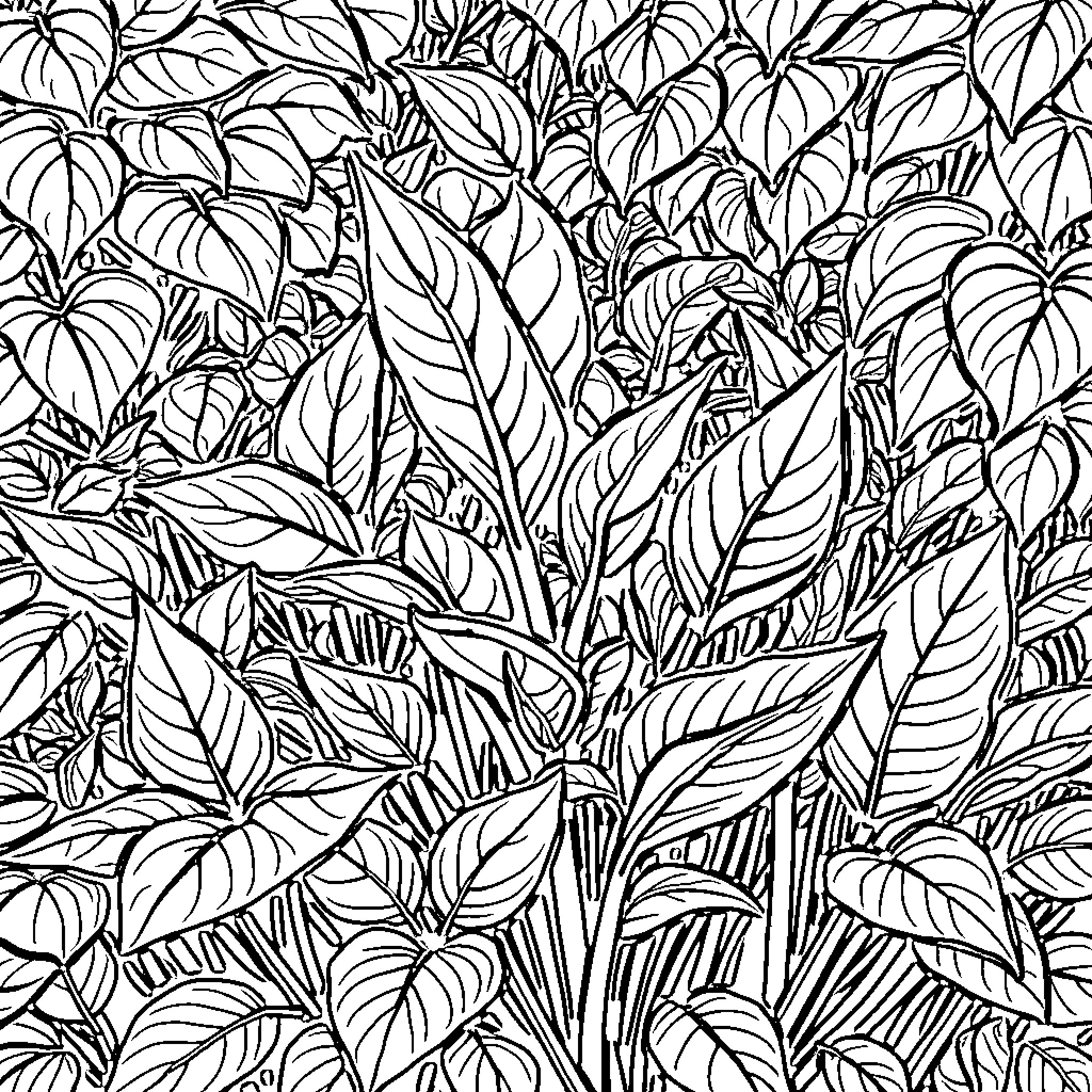 Plant life in a dense, tropical foliage Coloring Page (free black-and-white line drawing printable PDF for all, from beginners to advanced learners, including children, teens, adults, and seniors)
