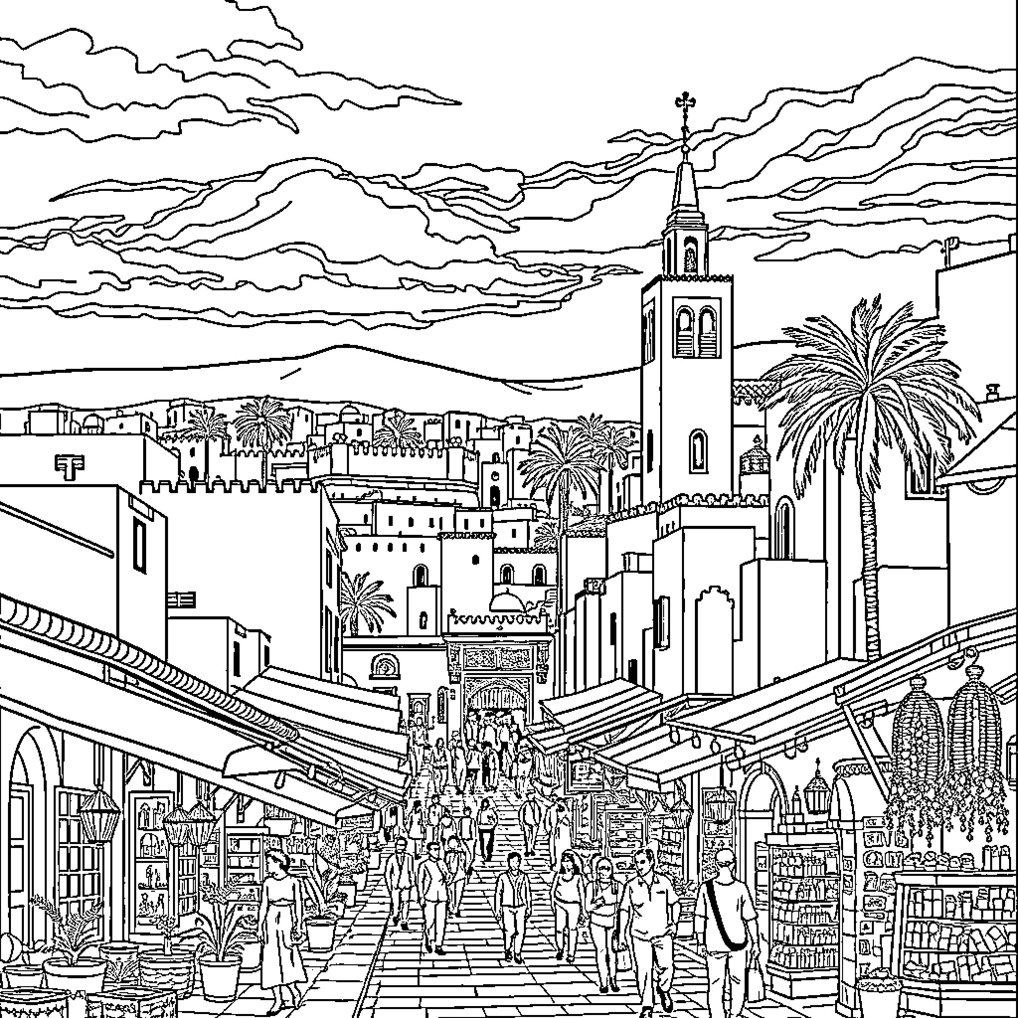 Marrakech bustling marketplace with vibrant architecture Coloring Page (free black-and-white line drawing printable PDF for all, from beginners to advanced learners, including children, teens, adults, and seniors)