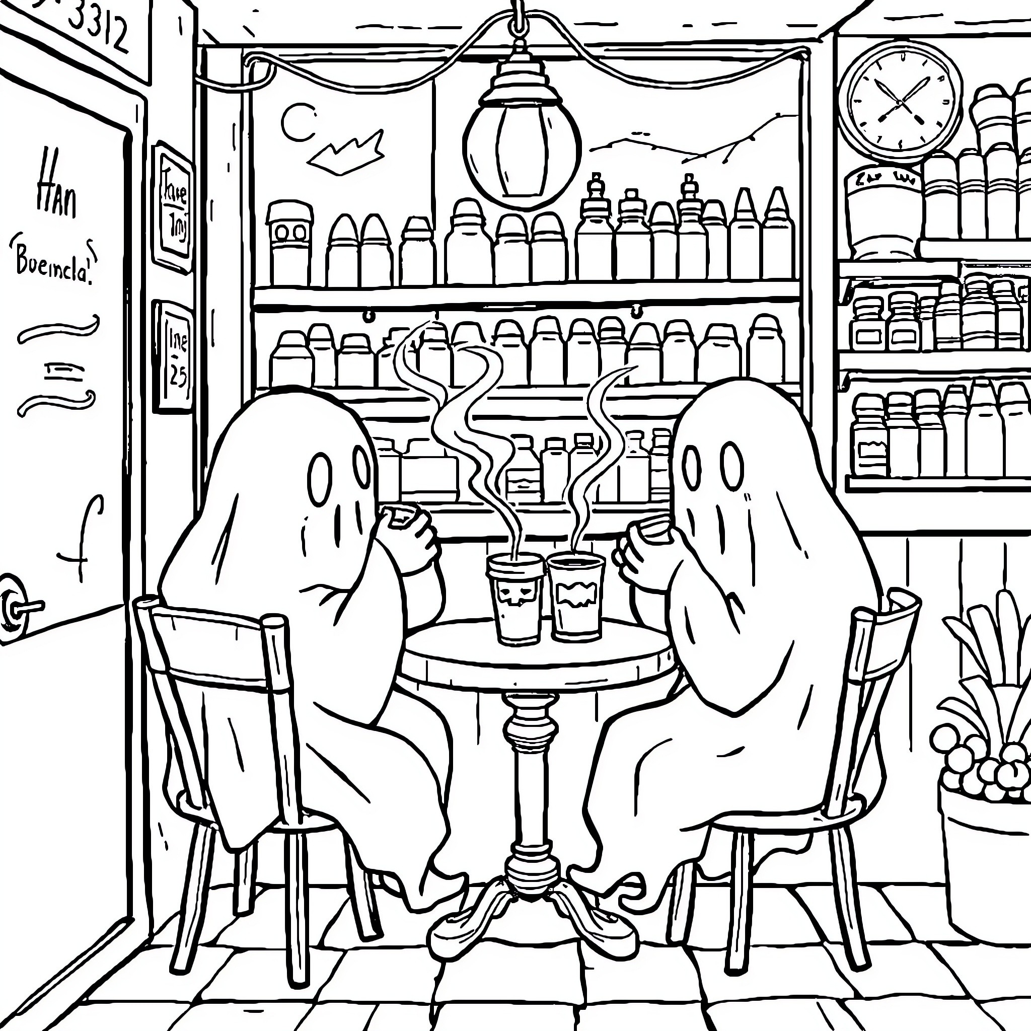 Ghost friends enjoying drinks at a cozy cafe Coloring Page (free black-and-white line drawing printable PDF for all, from beginners to advanced learners, including children, teens, adults, and seniors)