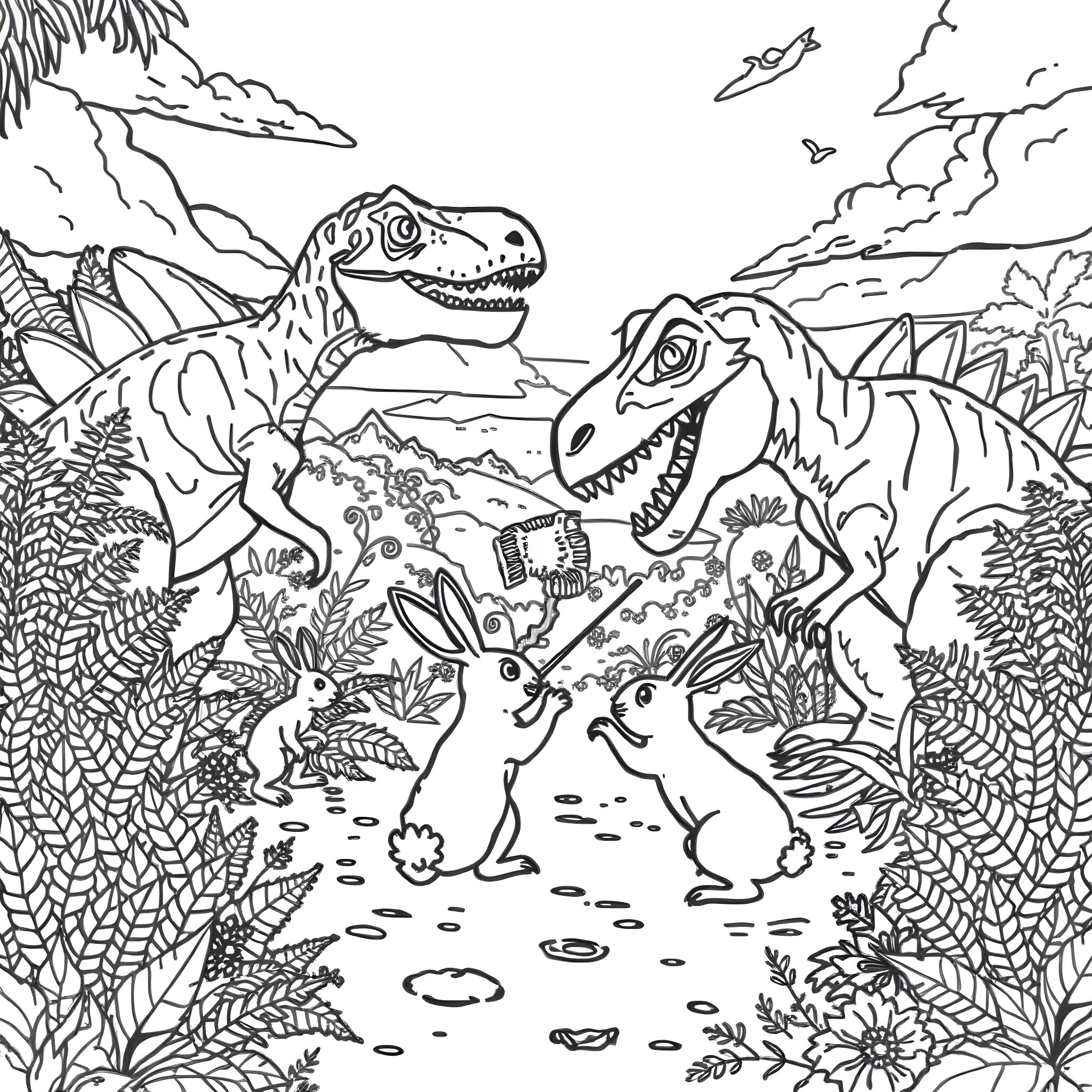 Dinosaurs roaming in prehistoric landscape Coloring Page (free black-and-white line drawing printable PDF for all, from beginners to advanced learners, including children, teens, adults, and seniors)