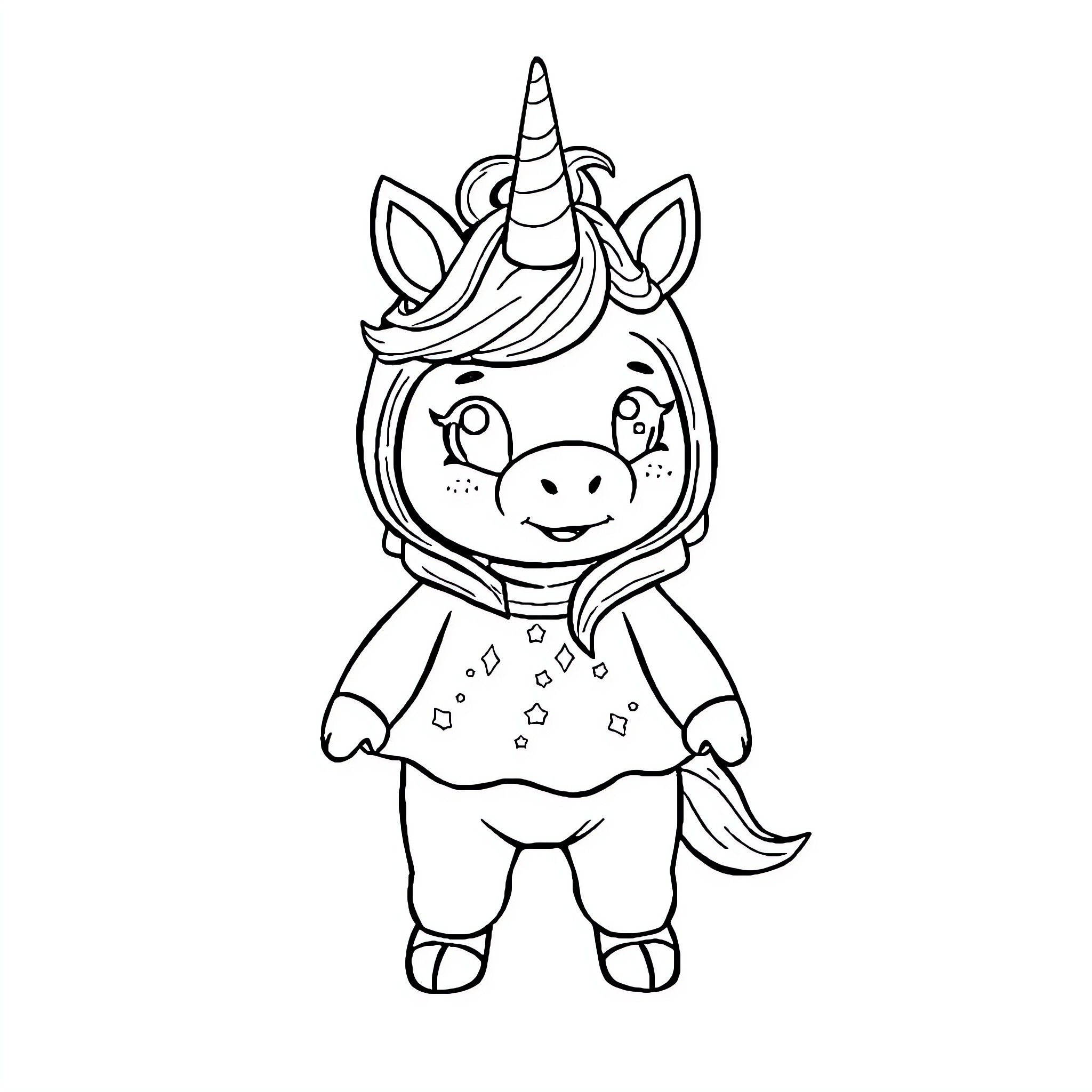 Labubu the Cute Unicorn in Whimsical Outfit Coloring Page (free black-and-white line drawing printable PDF for all, from beginners to advanced learners, including children, teens, adults, and seniors)