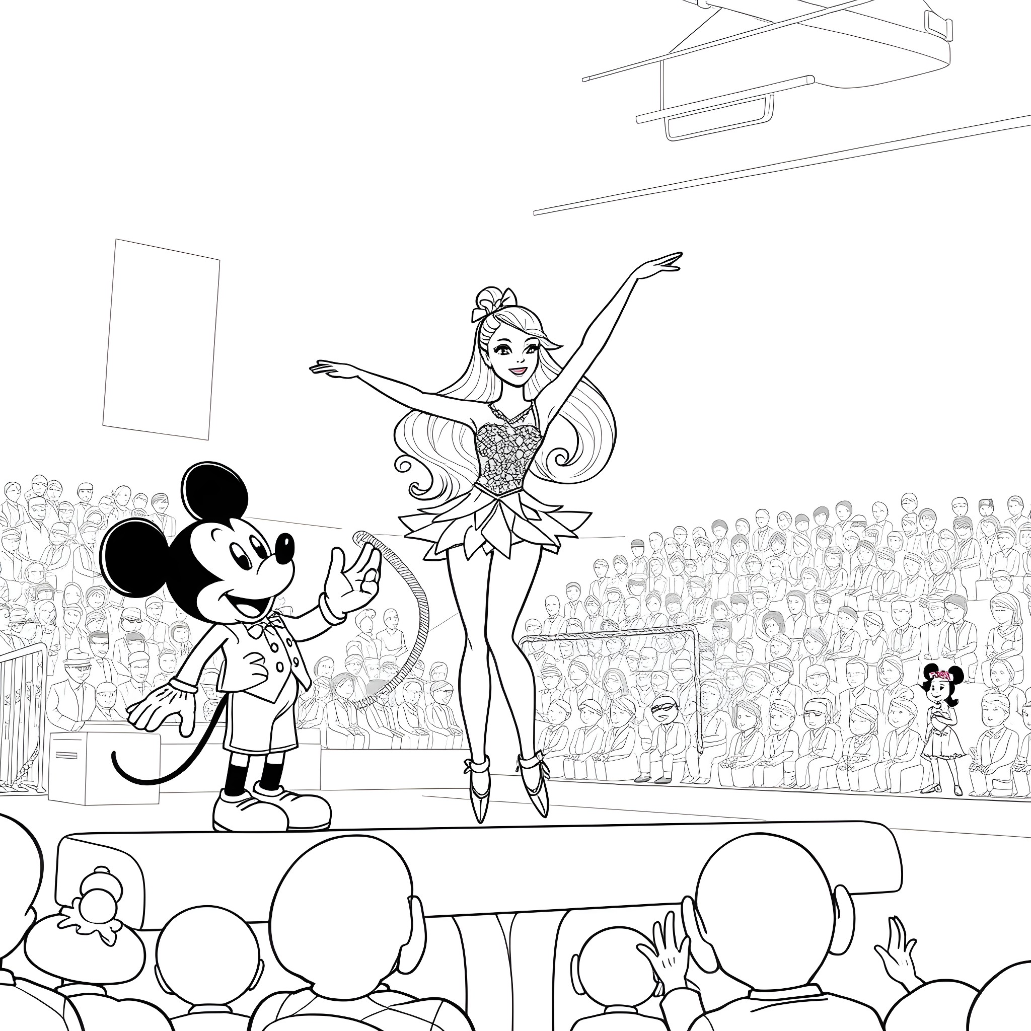Barbie ballerina performing on stage with Mickey Mouse Coloring Page (free black-and-white line drawing printable PDF for all, from beginners to advanced learners, including children, teens, adults, and seniors)