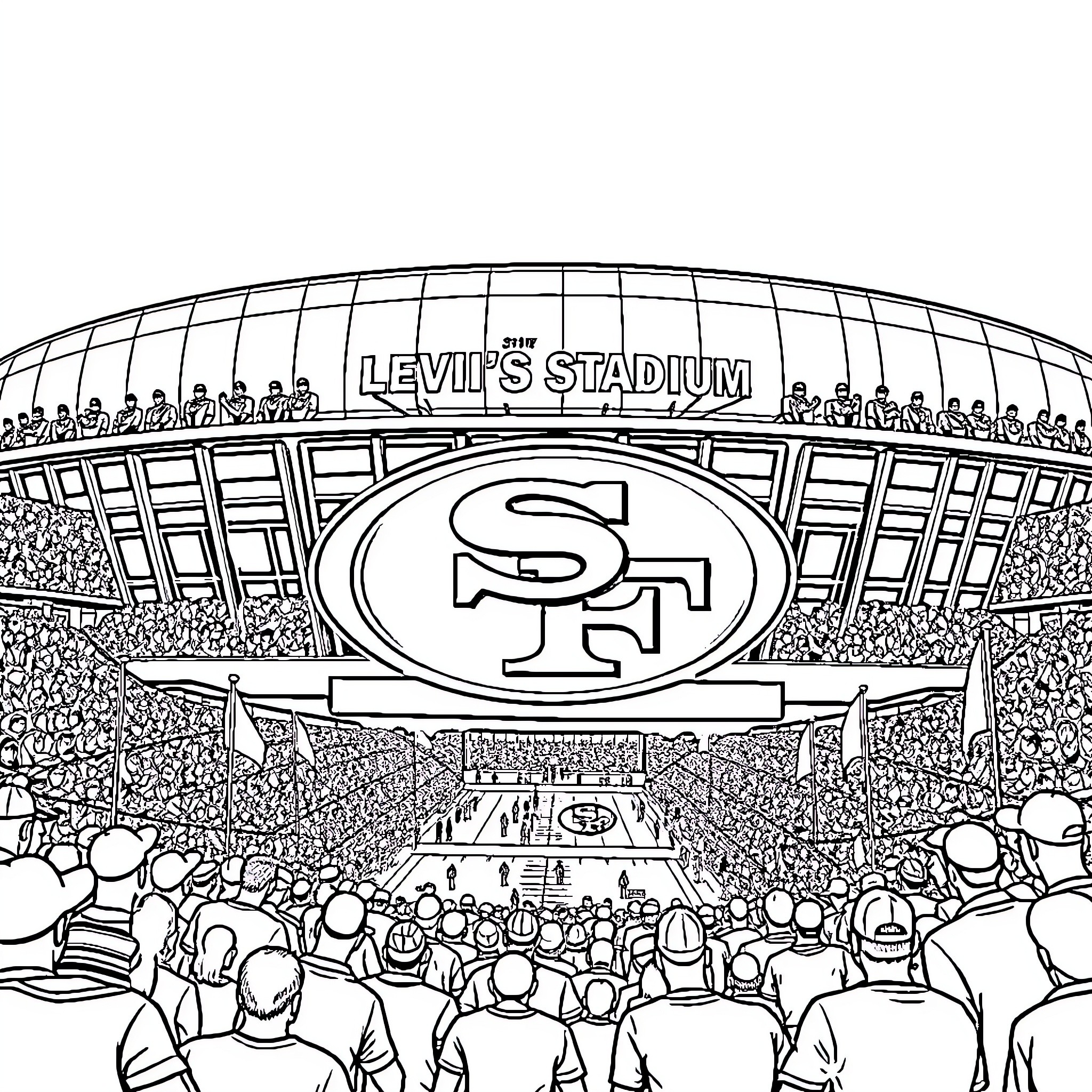 49ers Game at Levi's Stadium Coloring Page (free black-and-white line drawing printable PDF for all, from beginners to advanced learners, including children, teens, adults, and seniors)