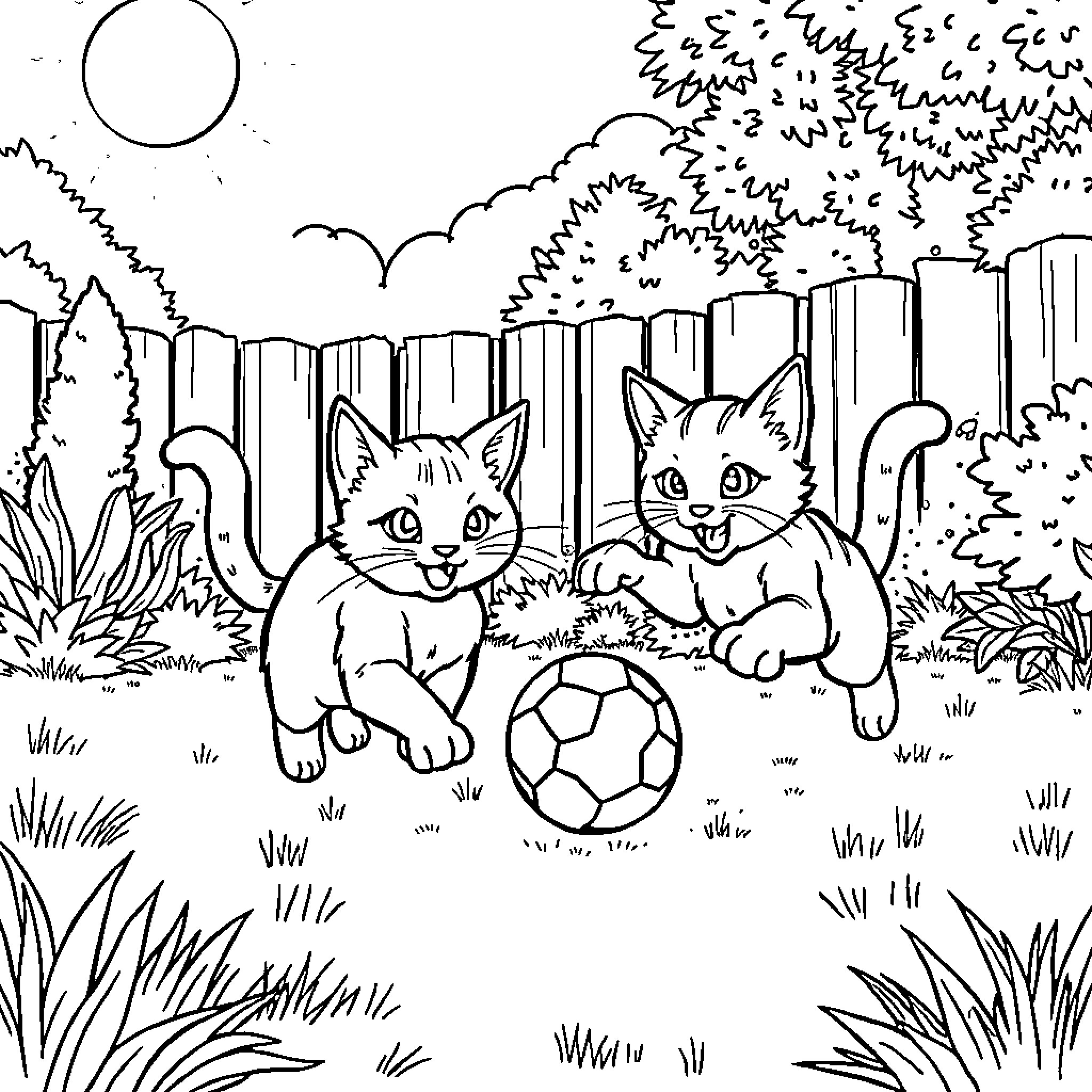 Cat kittens playing with soccer ball in garden Coloring Page (free black-and-white line drawing printable PDF for all, from beginners to advanced learners, including children, teens, adults, and seniors)