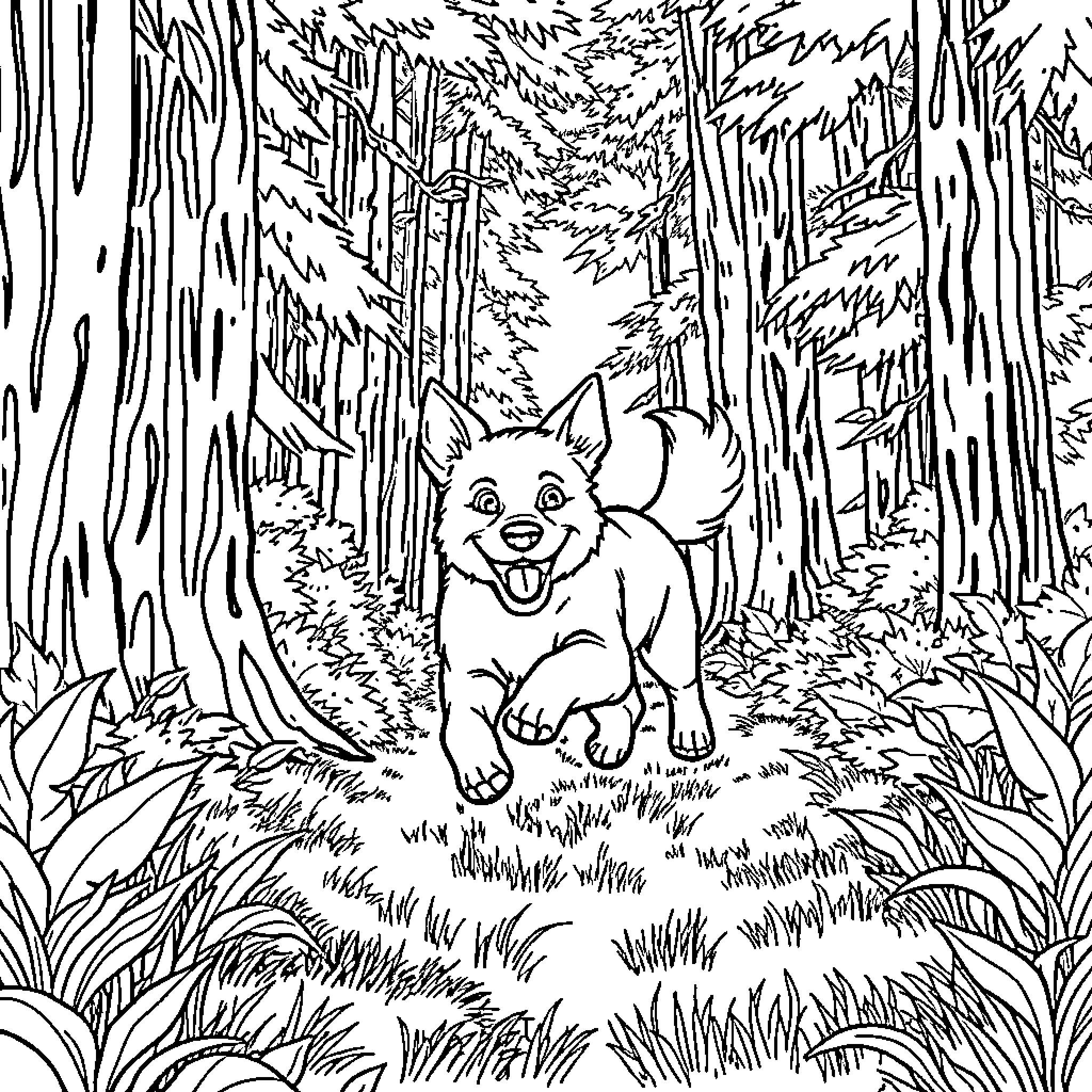 Dog exploring the forest trail Coloring Page (free black-and-white line drawing printable PDF for all, from beginners to advanced learners, including children, teens, adults, and seniors)