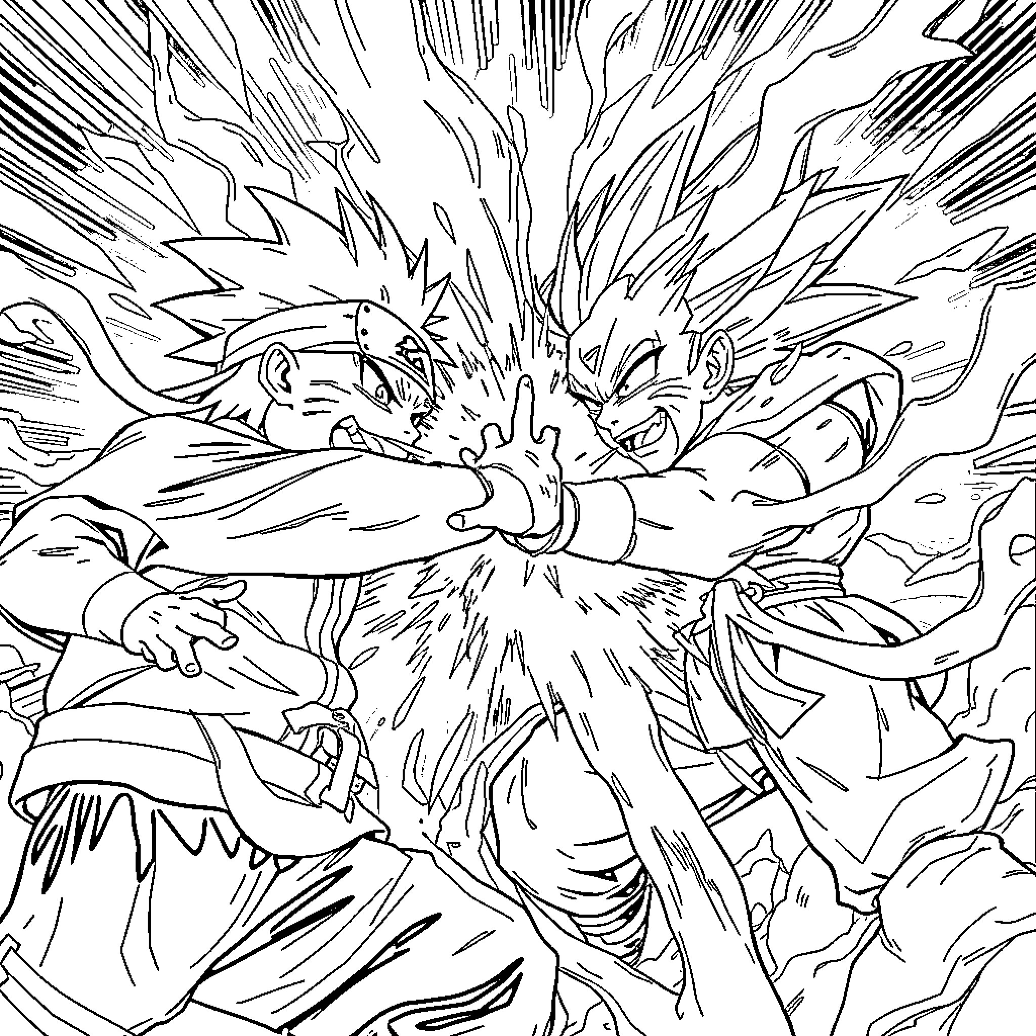 Naruto and Sasuke Fierce Battle Coloring Page (free black-and-white line drawing printable PDF for all, from beginners to advanced learners, including children, teens, adults, and seniors)