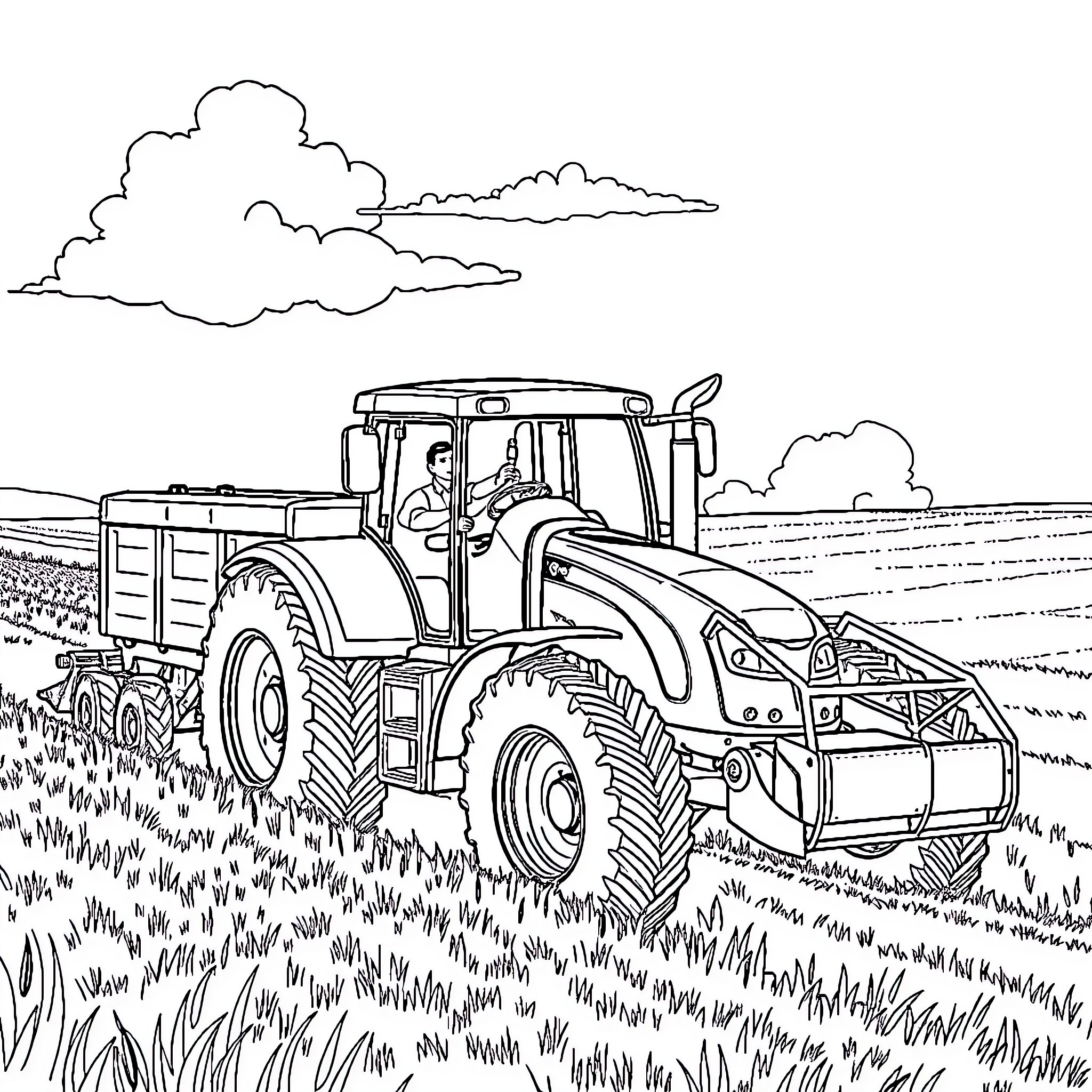 Harvester tending to fields in the countryside Coloring Page (free black-and-white line drawing printable PDF for all, from beginners to advanced learners, including children, teens, adults, and seniors)