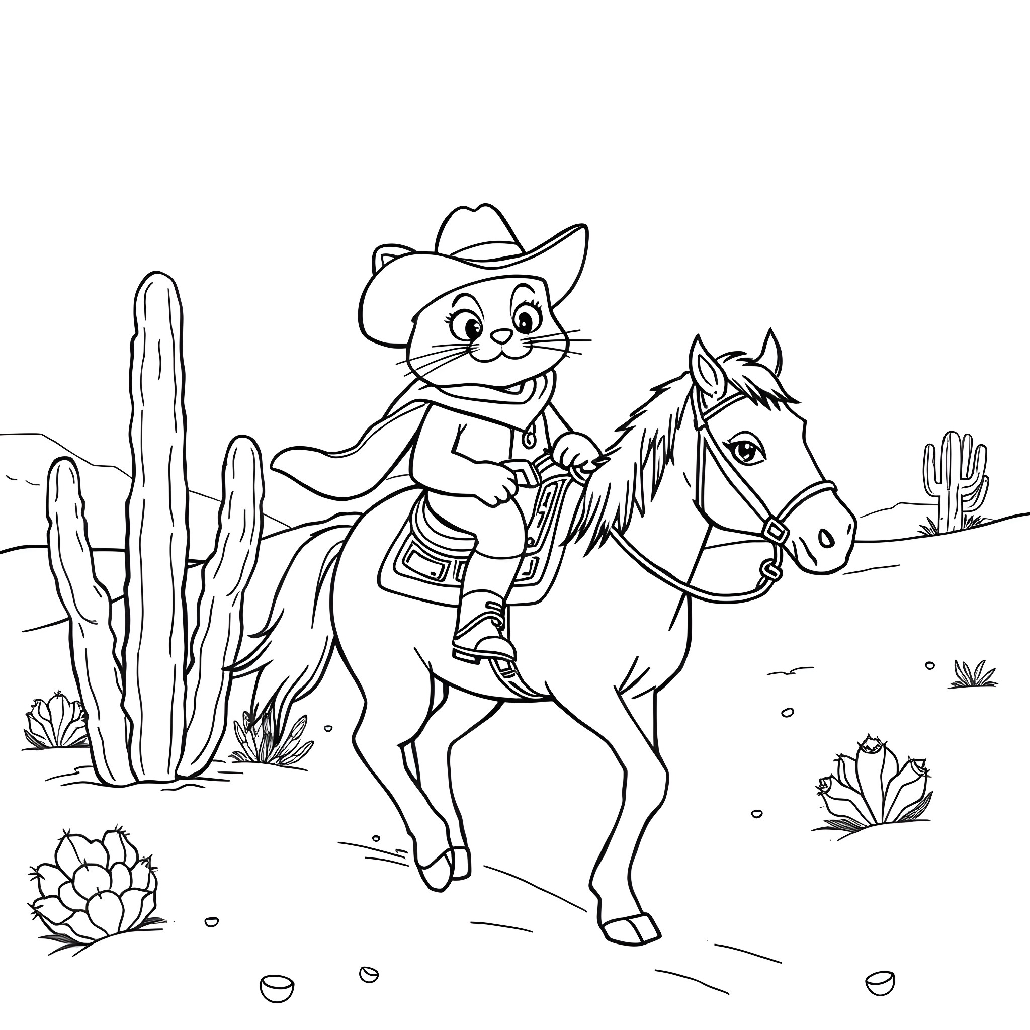 Cat cowboy riding horse in the desert Coloring Page (free black-and-white line drawing printable PDF for all, from beginners to advanced learners, including children, teens, adults, and seniors)