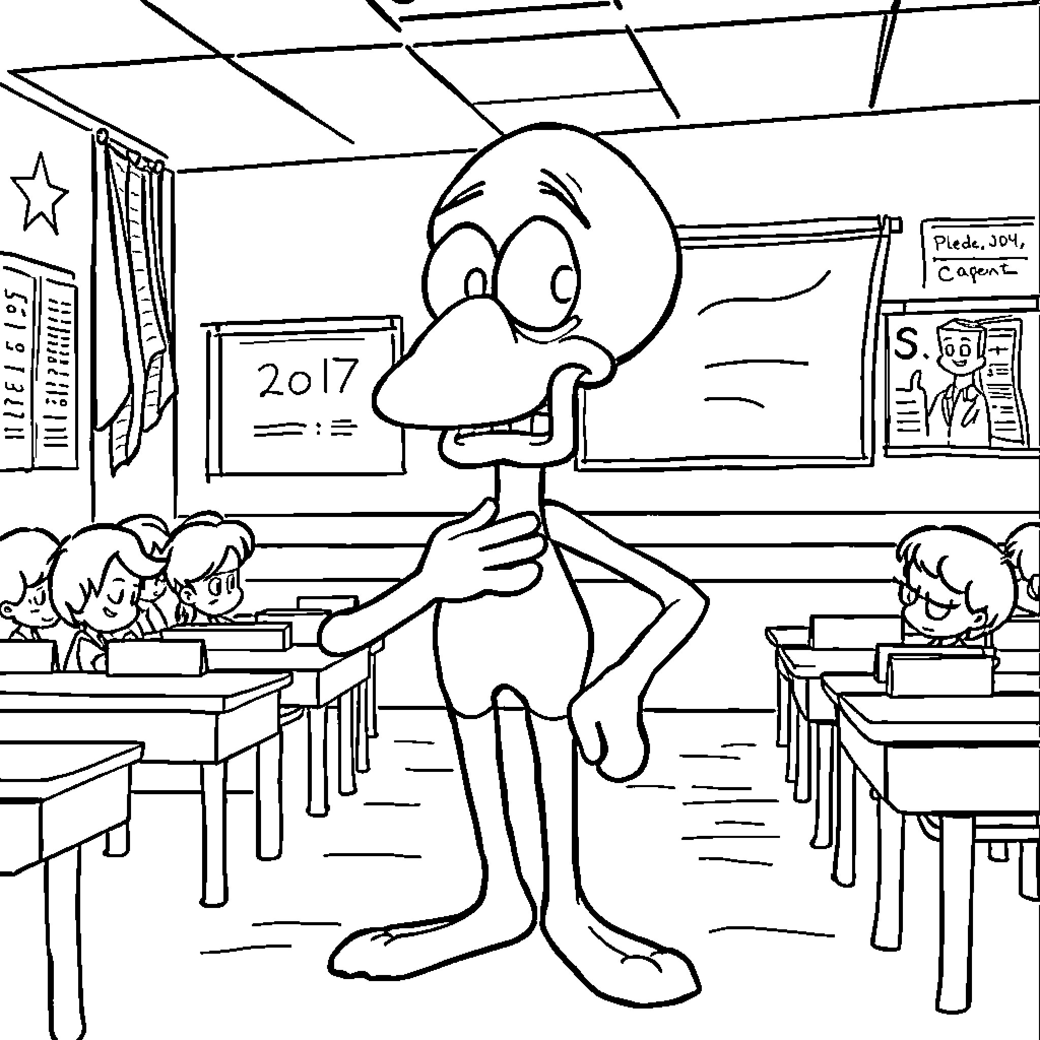 Squidward's Peculiar Classroom Antics Coloring Page (free black-and-white line drawing printable PDF for all, from beginners to advanced learners, including children, teens, adults, and seniors)