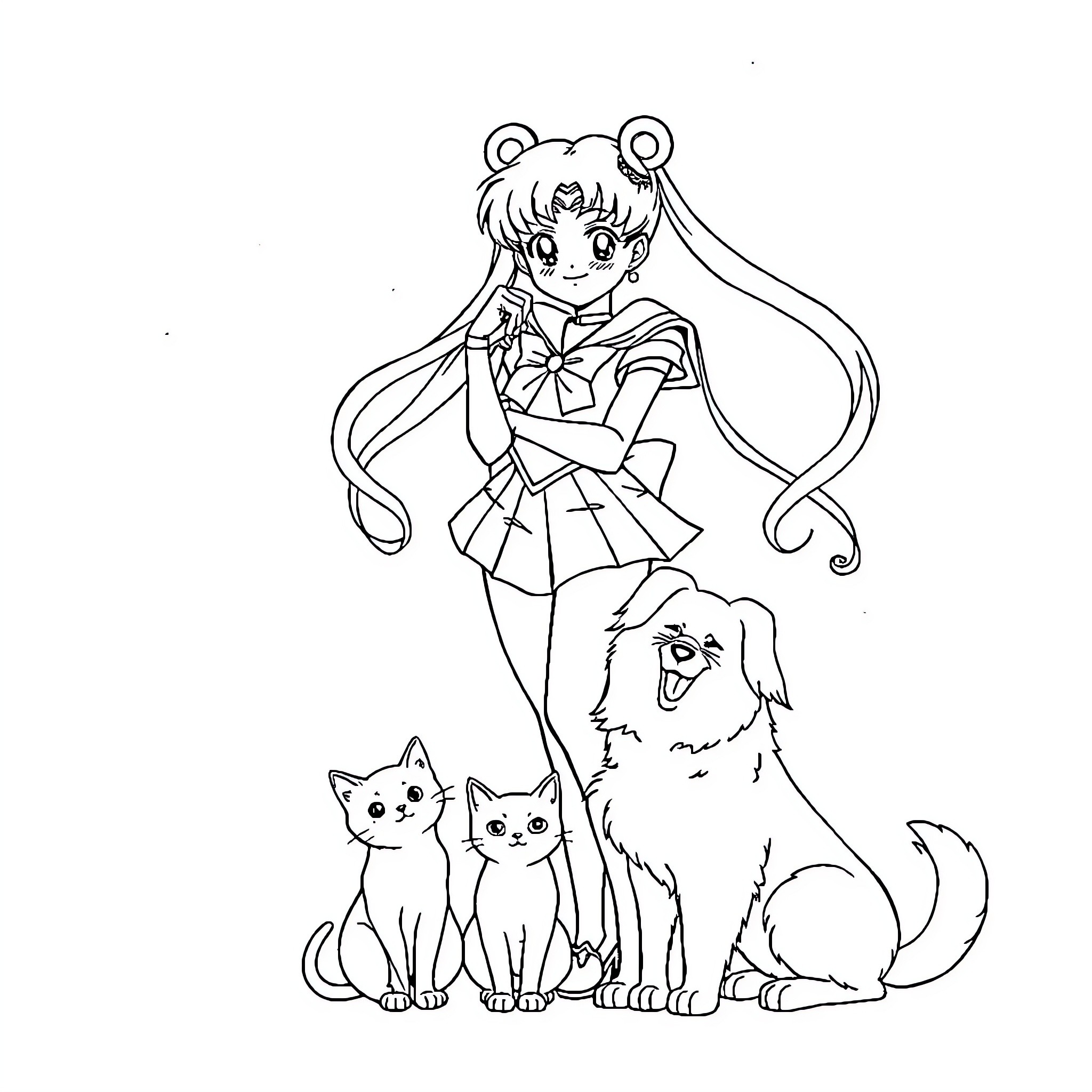 Sailor Moon with Magical Pets in Action Coloring Page (free black-and-white line drawing printable PDF for all, from beginners to advanced learners, including children, teens, adults, and seniors)