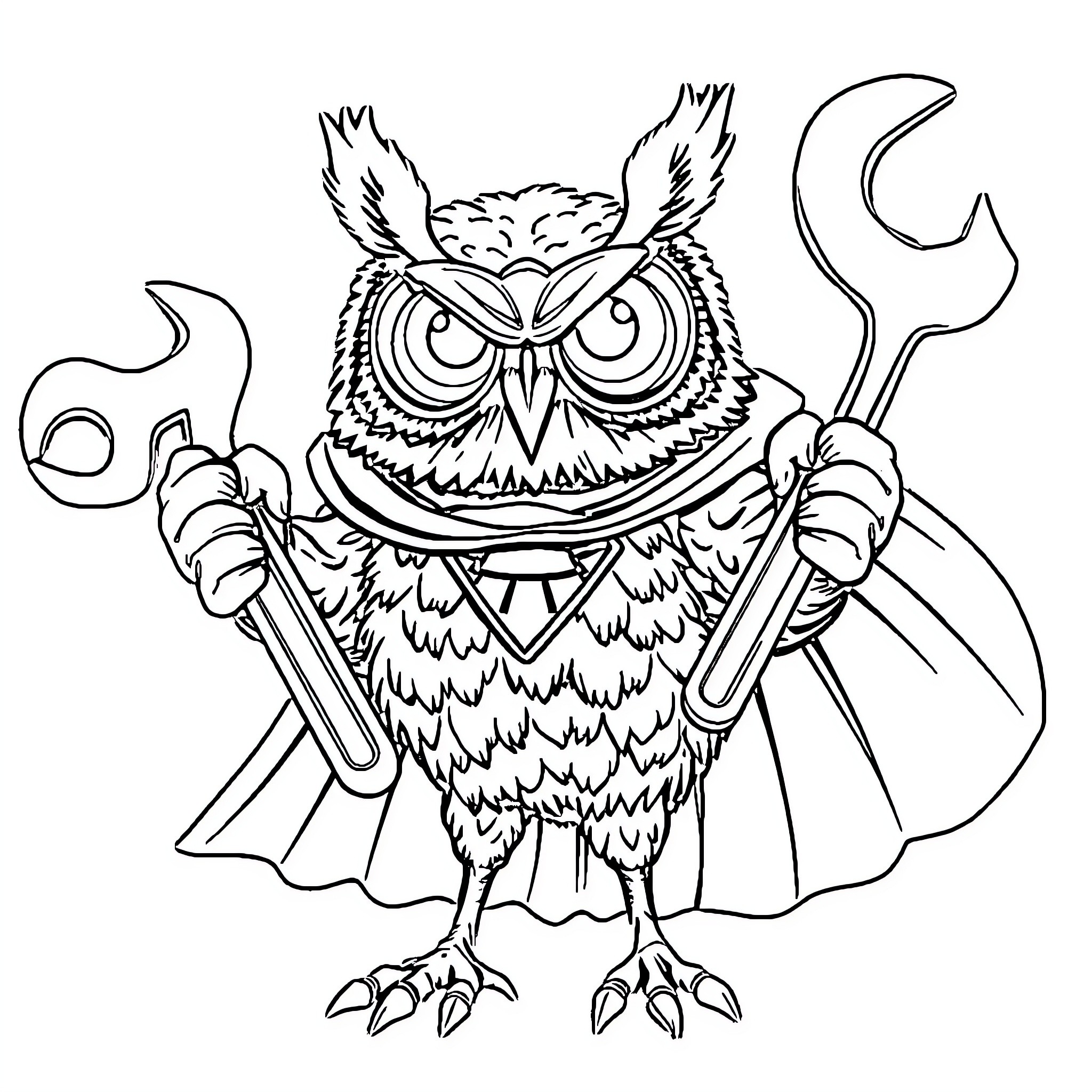 Owl Mechanic Holding Wrenches Coloring Page (free black-and-white line drawing printable PDF for all, from beginners to advanced learners, including children, teens, adults, and seniors)