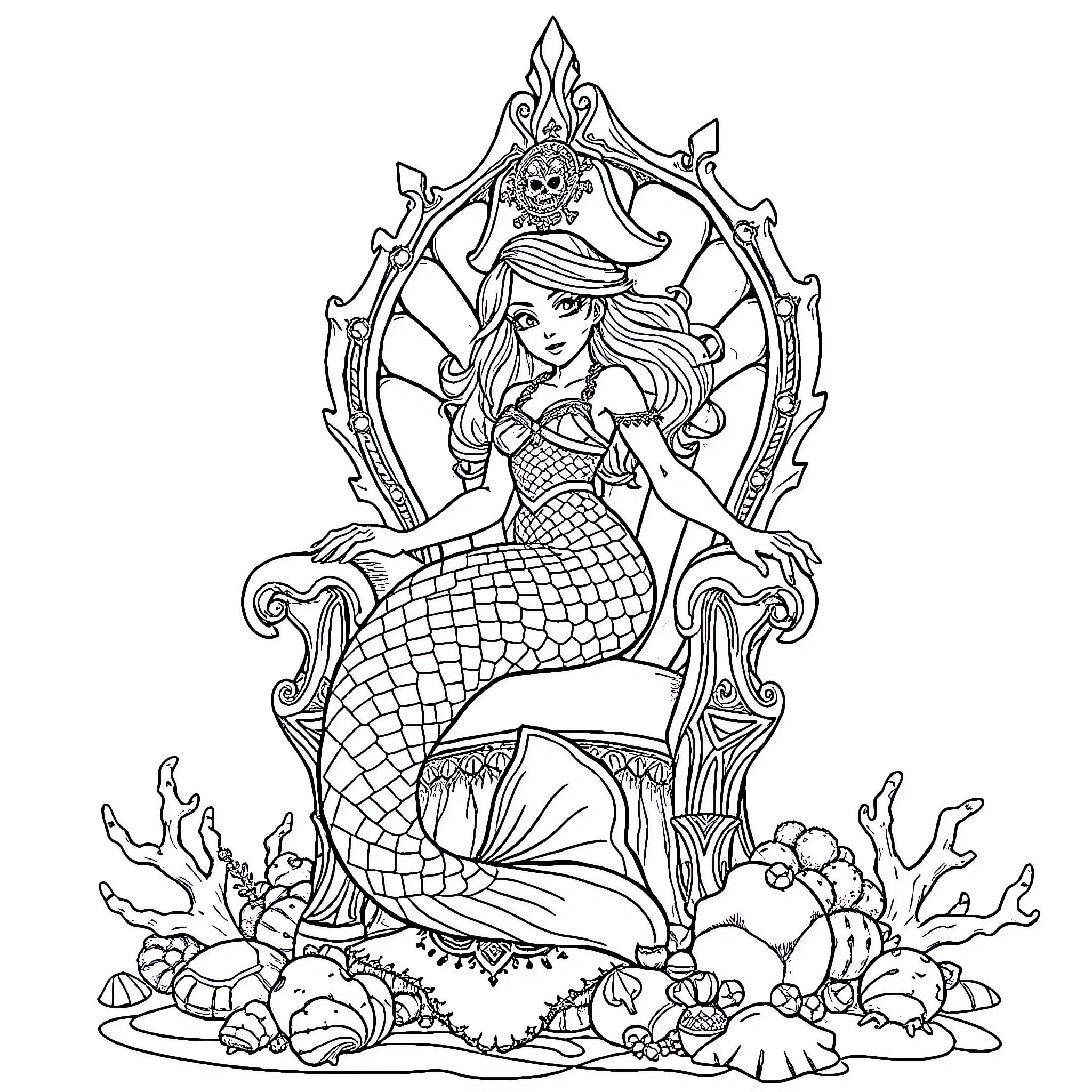 Pirate Mermaid Sitting on Ornate Throne with Skull Decor Coloring Page (free black-and-white line drawing printable PDF for all, from beginners to advanced learners, including children, teens, adults, and seniors)