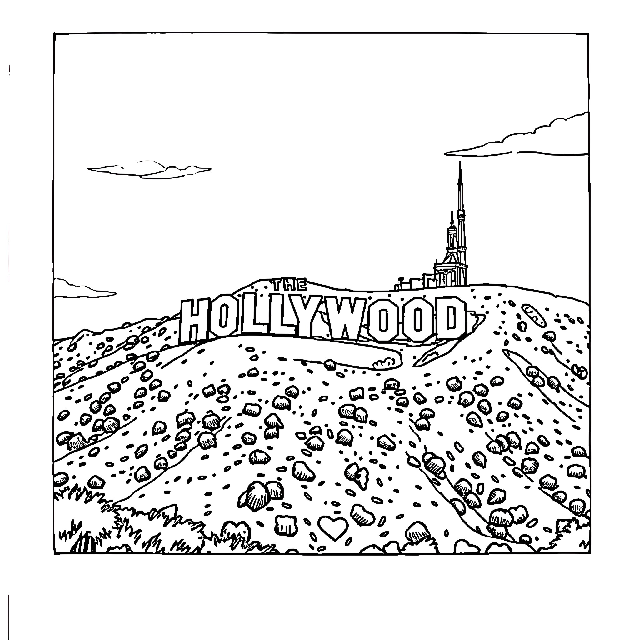 Hollywood Sign overlooking a scenic landscape Coloring Page (free black-and-white line drawing printable PDF for all, from beginners to advanced learners, including children, teens, adults, and seniors)