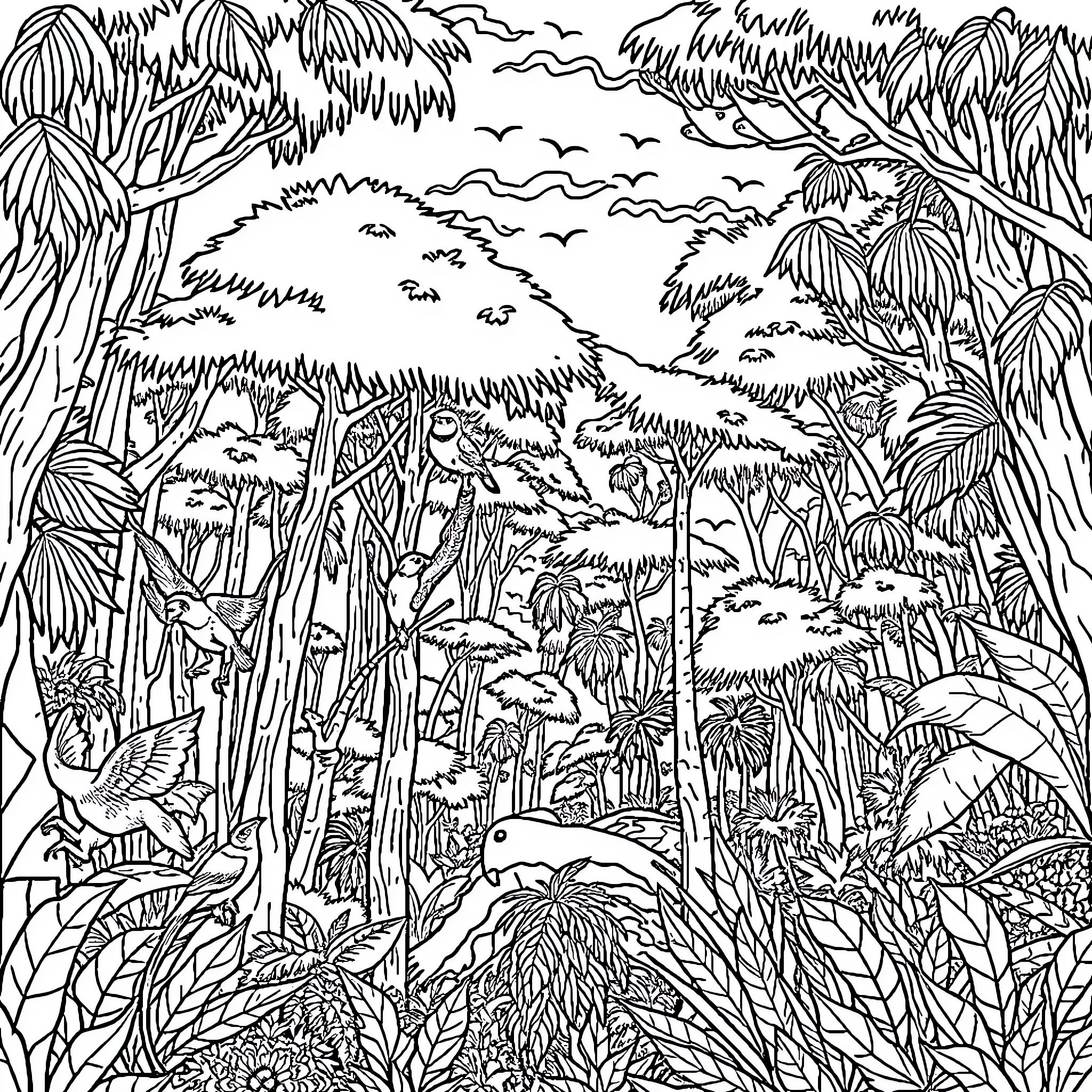 Animal Exploring Lush Tropical Forest Landscape Coloring Page (free black-and-white line drawing printable PDF for all, from beginners to advanced learners, including children, teens, adults, and seniors)