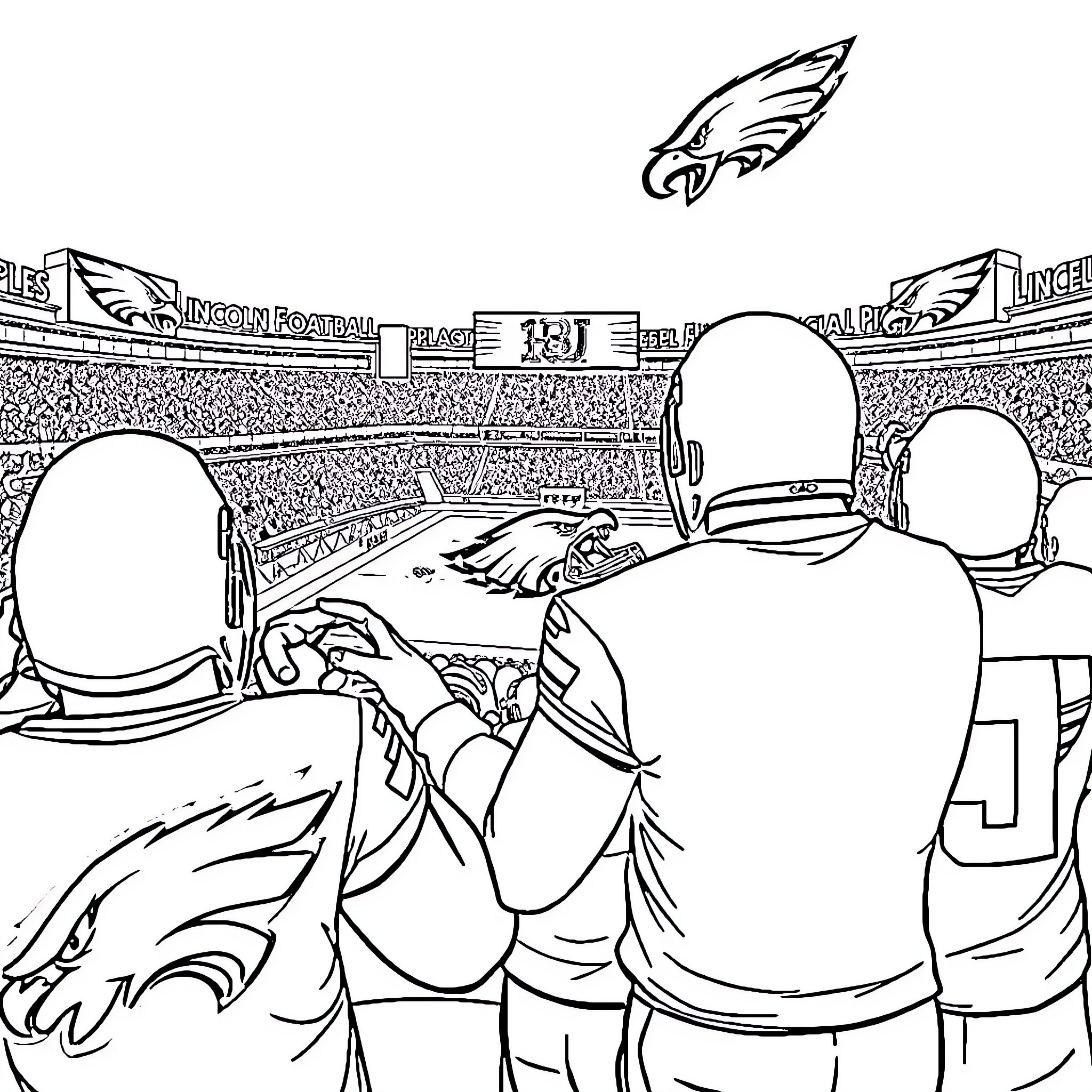 Eagle fans cheering on their team in the stadium Coloring Page (free black-and-white line drawing printable PDF for all, from beginners to advanced learners, including children, teens, adults, and seniors)
