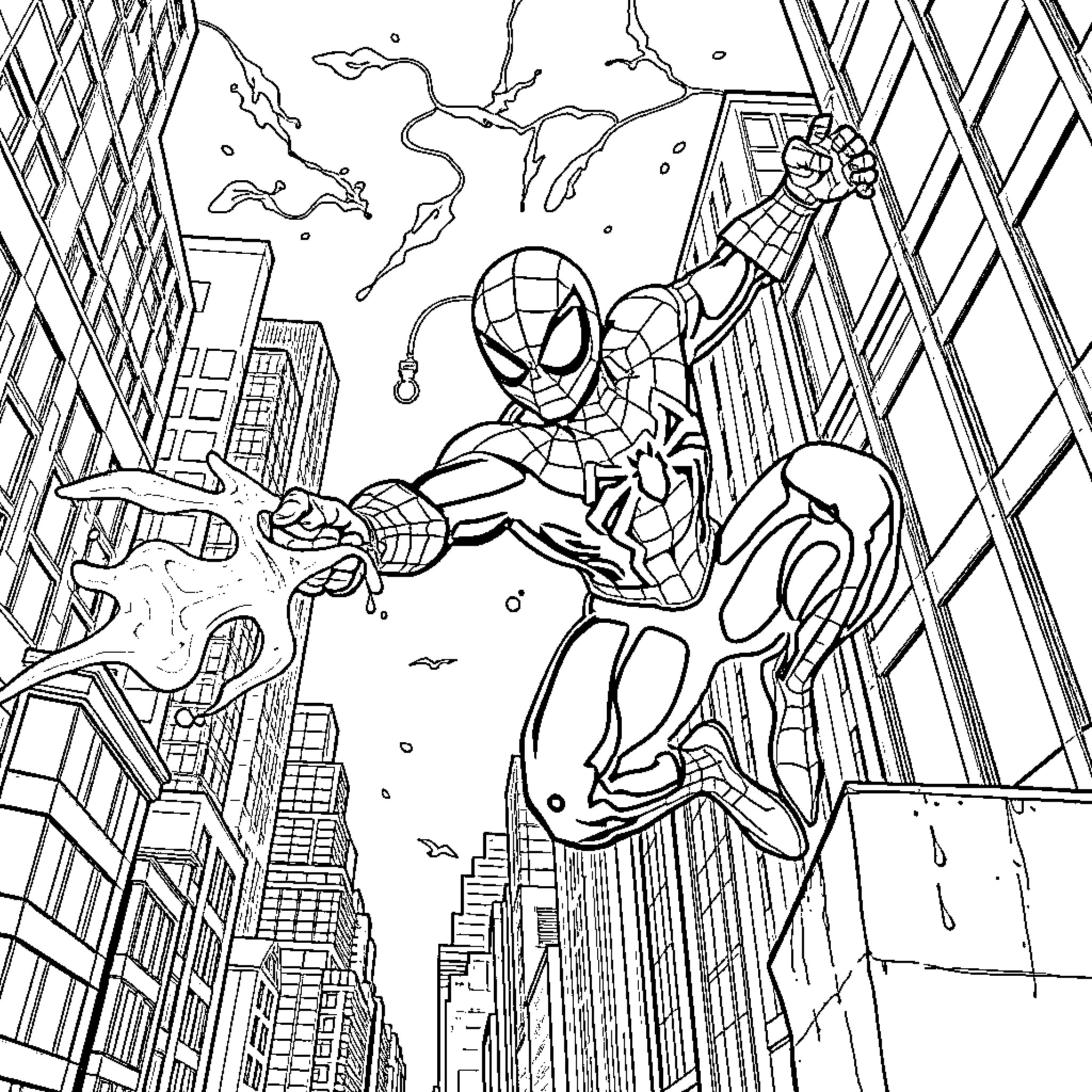 Spiderman swinging through the city skyline Coloring Page (free black-and-white line drawing printable PDF for all, from beginners to advanced learners, including children, teens, adults, and seniors)