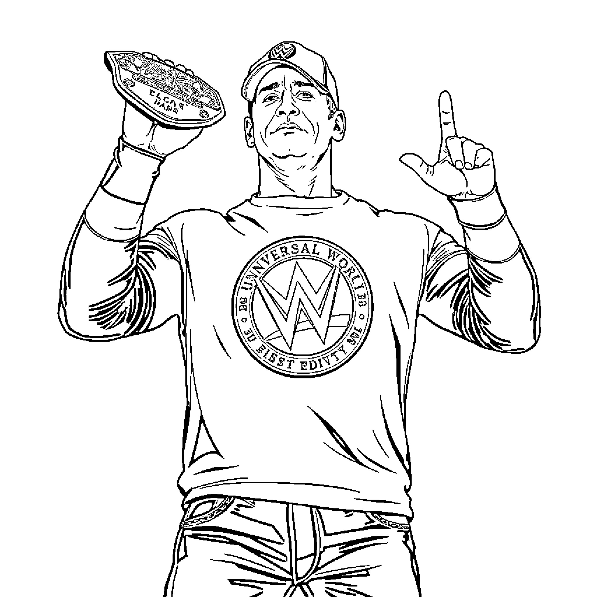 John Cena Gesturing with WWE Championship Belt Coloring Page (free black-and-white line drawing printable PDF for all, from beginners to advanced learners, including children, teens, adults, and seniors)