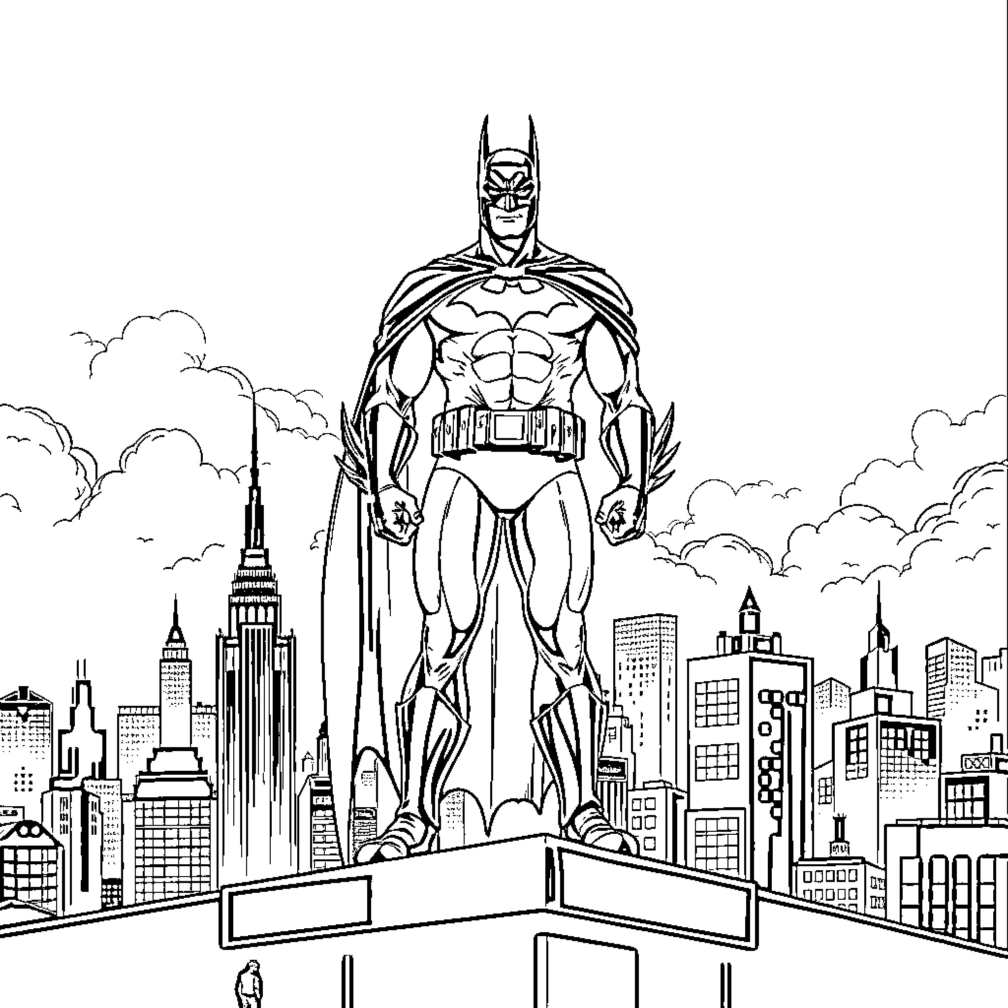 Batman standing proudly over the cityscape Coloring Page (free black-and-white line drawing printable PDF for all, from beginners to advanced learners, including children, teens, adults, and seniors)