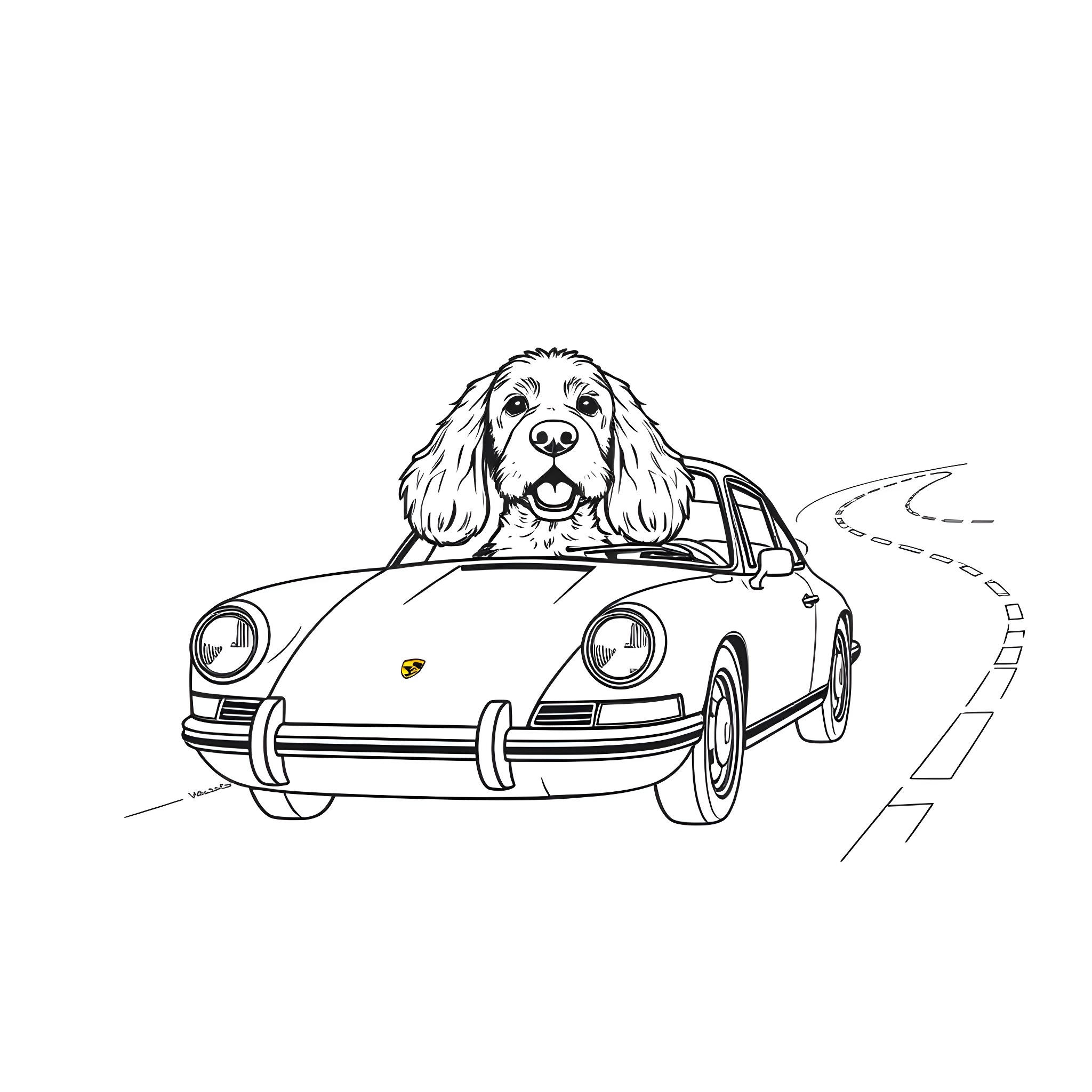 Cocker Spaniel riding happily in a vintage car Coloring Page (free black-and-white line drawing printable PDF for all, from beginners to advanced learners, including children, teens, adults, and seniors)