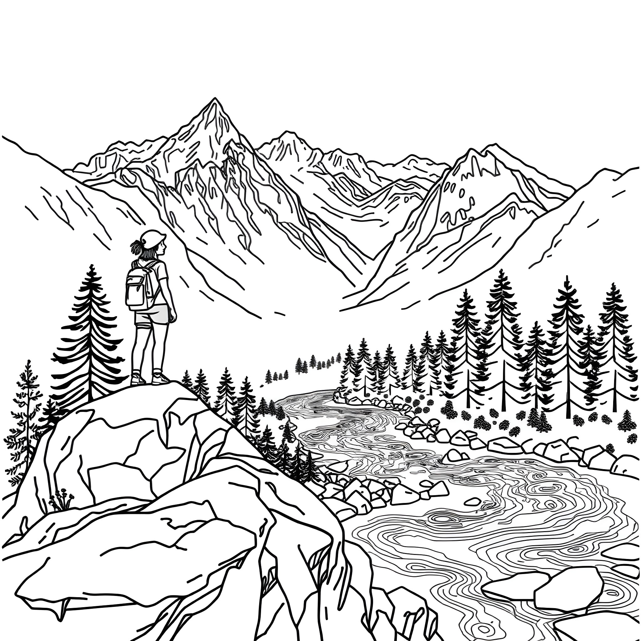 Woman hiking in the majestic mountains Coloring Page (free black-and-white line drawing printable PDF for all, from beginners to advanced learners, including children, teens, adults, and seniors)