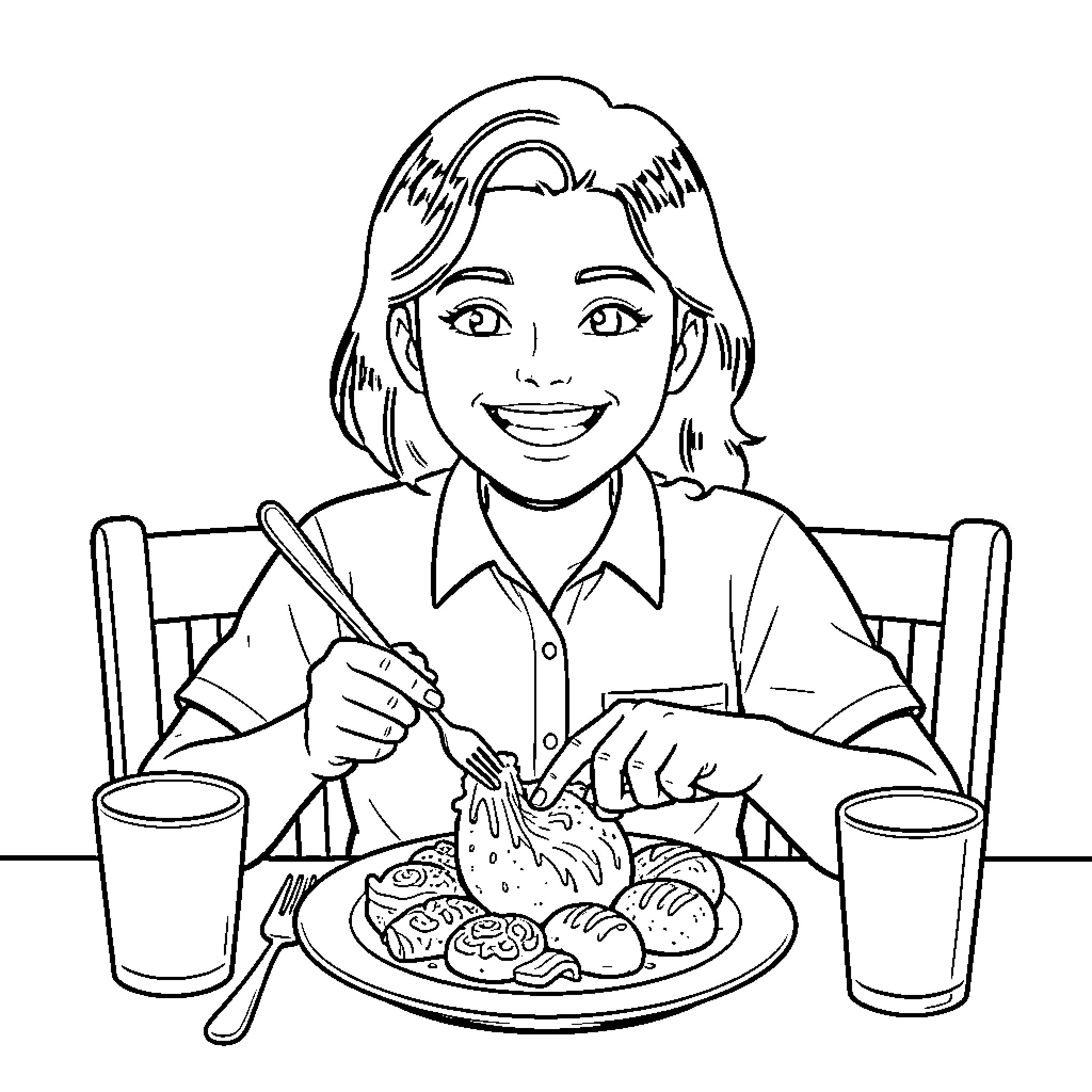 Dhokhe Devouring Delightful Delicacies Coloring Page (free black-and-white line drawing printable PDF for all, from beginners to advanced learners, including children, teens, adults, and seniors)
