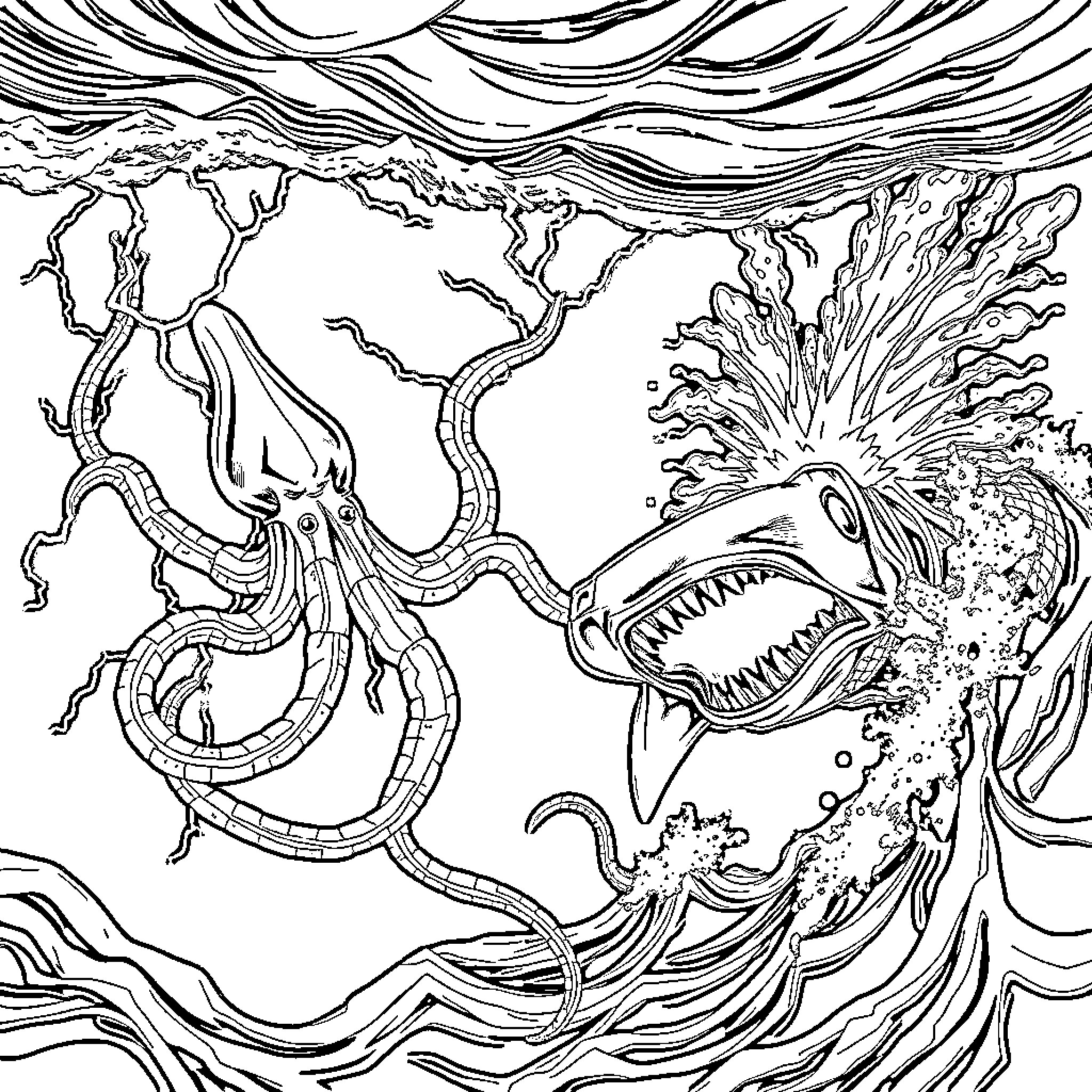 Squid engaged in fierce underwater battle Coloring Page (free black-and-white line drawing printable PDF for all, from beginners to advanced learners, including children, teens, adults, and seniors)