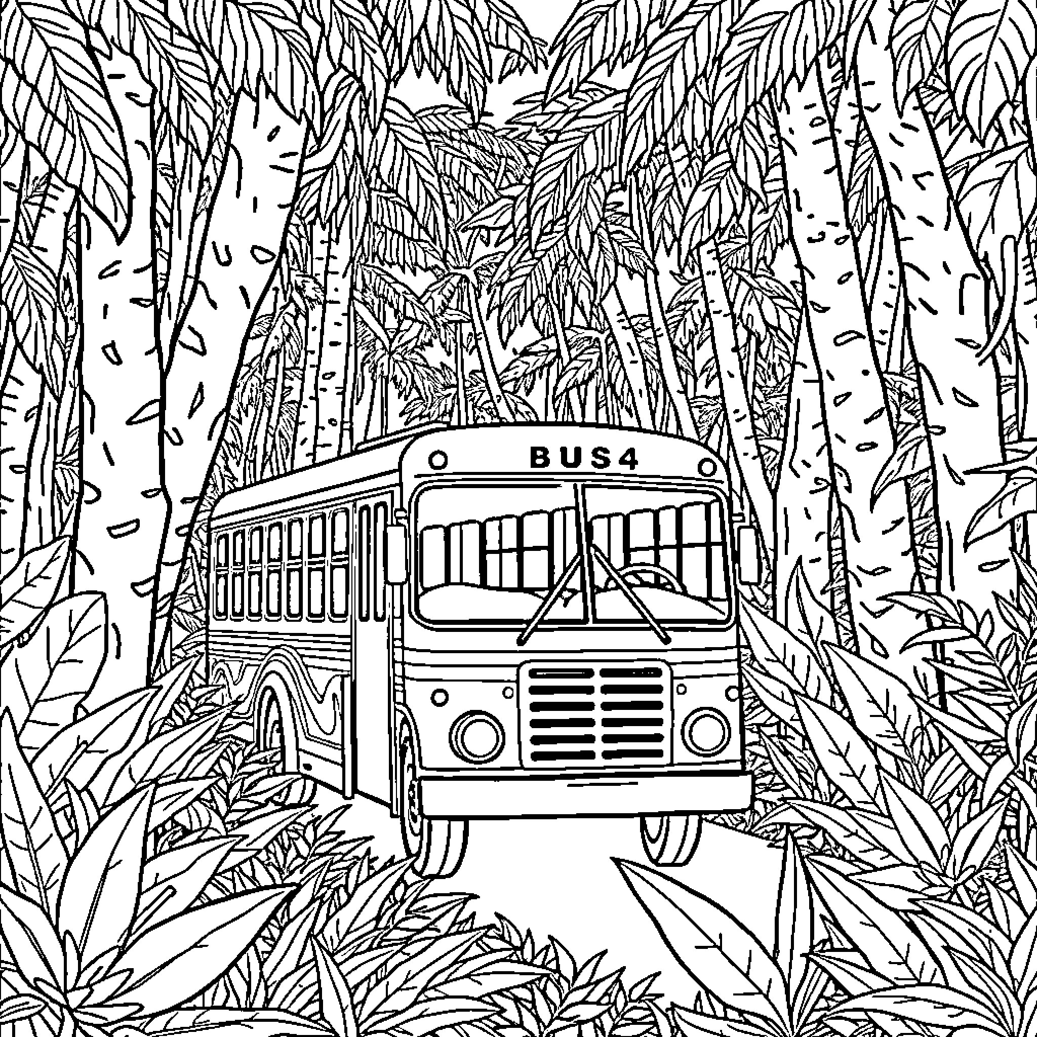Bus Traveling Through Lush Jungle Foliage Coloring Page (free black-and-white line drawing printable PDF for all, from beginners to advanced learners, including children, teens, adults, and seniors)
