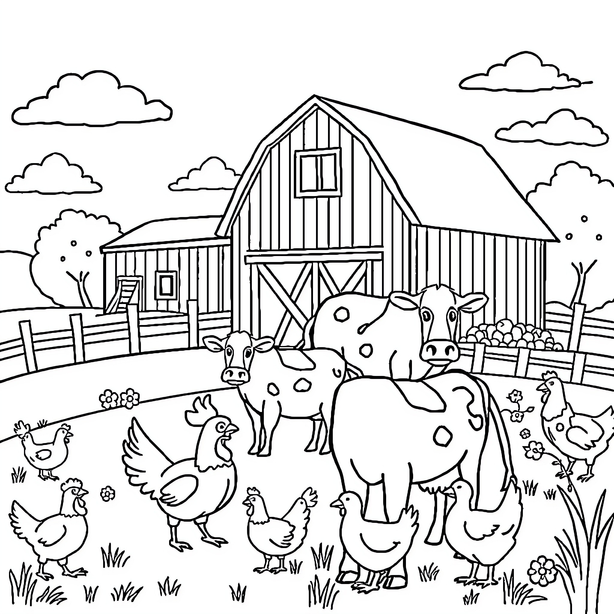 Farm animals playing in the countryside Coloring Page (free black-and-white line drawing printable PDF for all, from beginners to advanced learners, including children, teens, adults, and seniors)