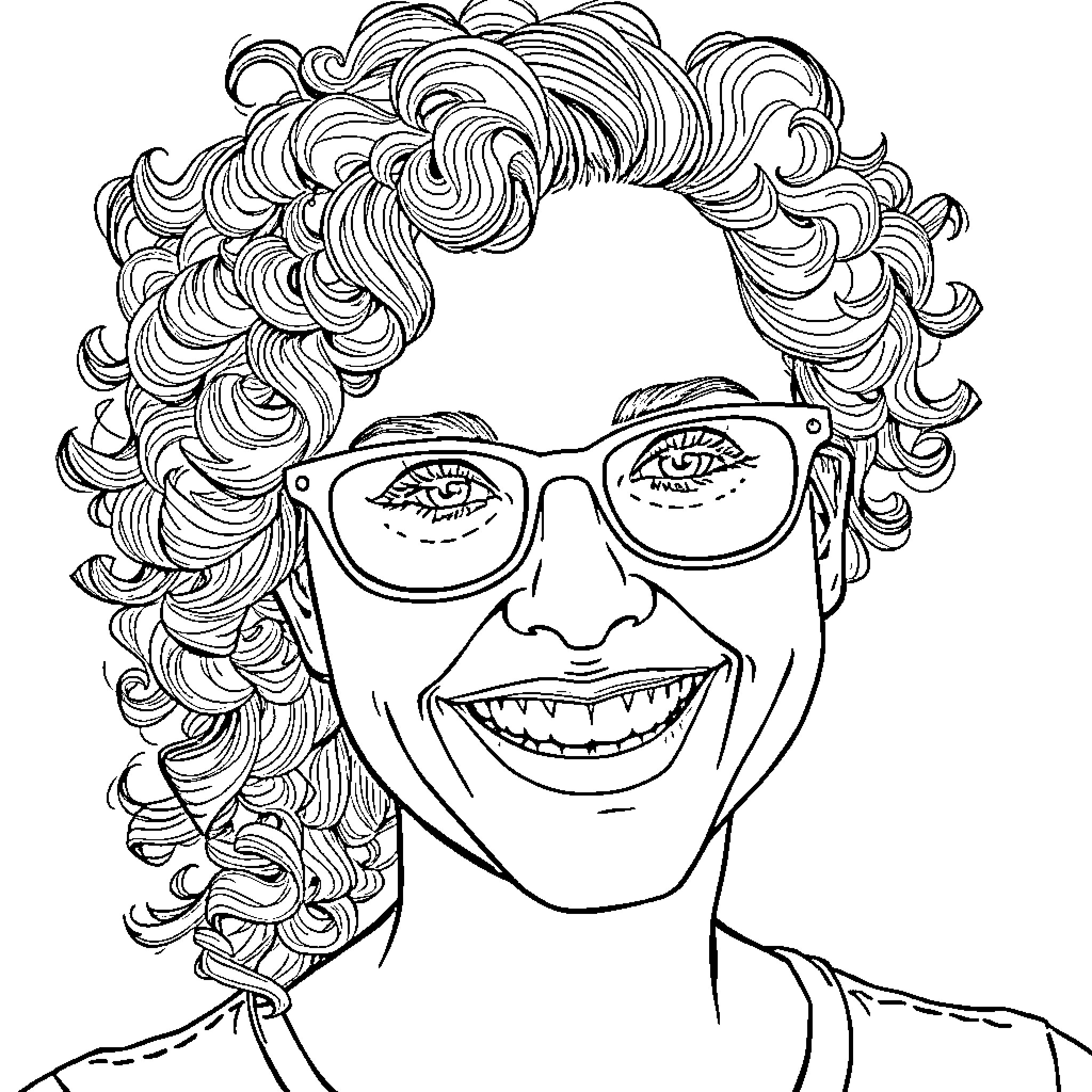 Woman with Curly Hair and Glasses Smiling Joyfully Coloring Page (free black-and-white line drawing printable PDF for all, from beginners to advanced learners, including children, teens, adults, and seniors)