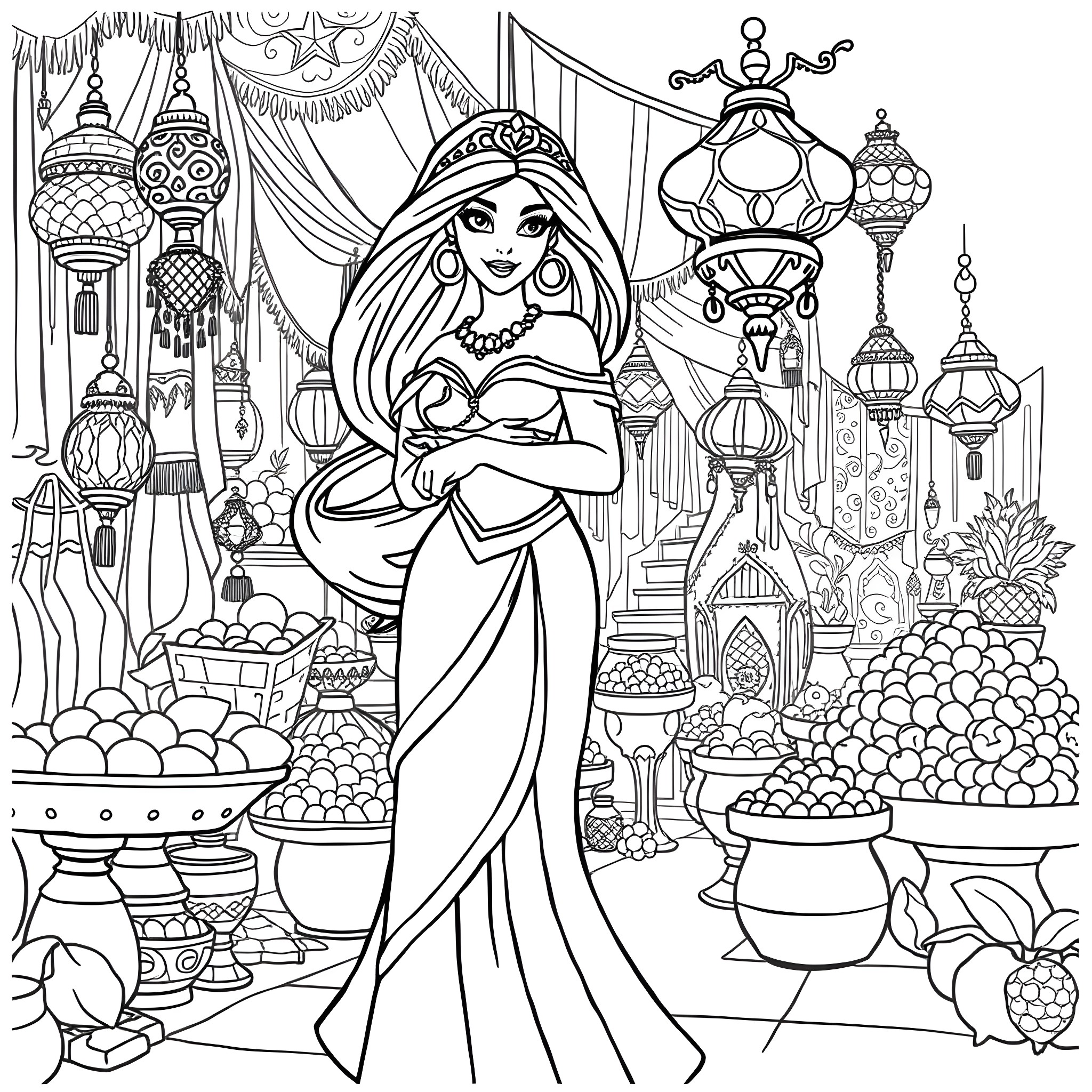 Jasmine's Enchanting Realm of Arabian Delight Coloring Page (free black-and-white line drawing printable PDF for all, from beginners to advanced learners, including children, teens, adults, and seniors)