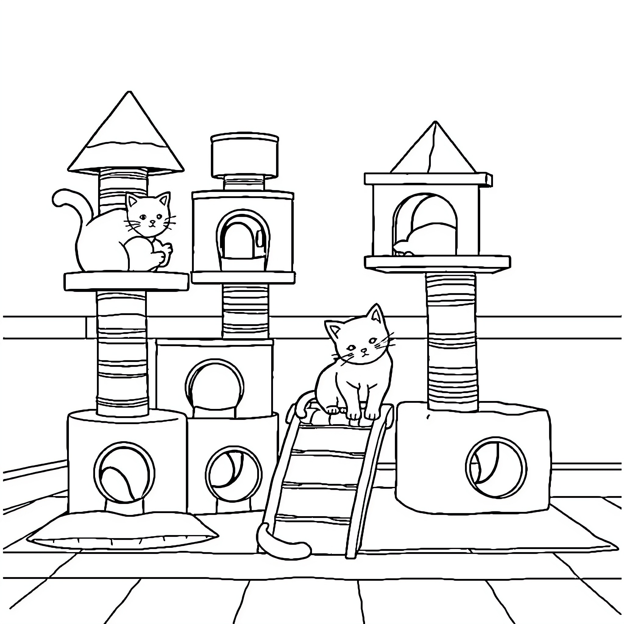 Cats exploring cat tower structures Coloring Page (free black-and-white line drawing printable PDF for all, from beginners to advanced learners, including children, teens, adults, and seniors)