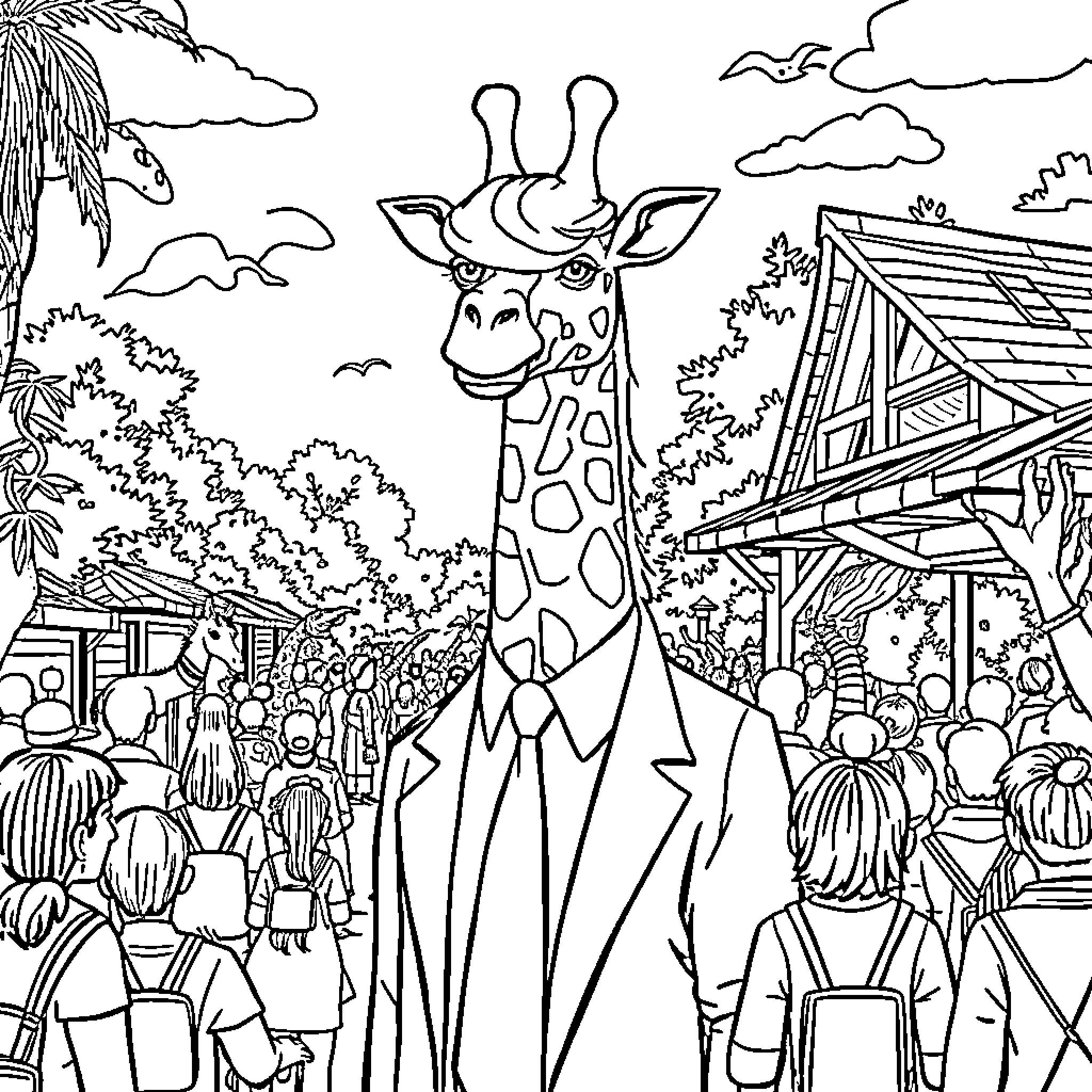 Giraffe standing tall in a crowd at the zoo Coloring Page (free black-and-white line drawing printable PDF for all, from beginners to advanced learners, including children, teens, adults, and seniors)