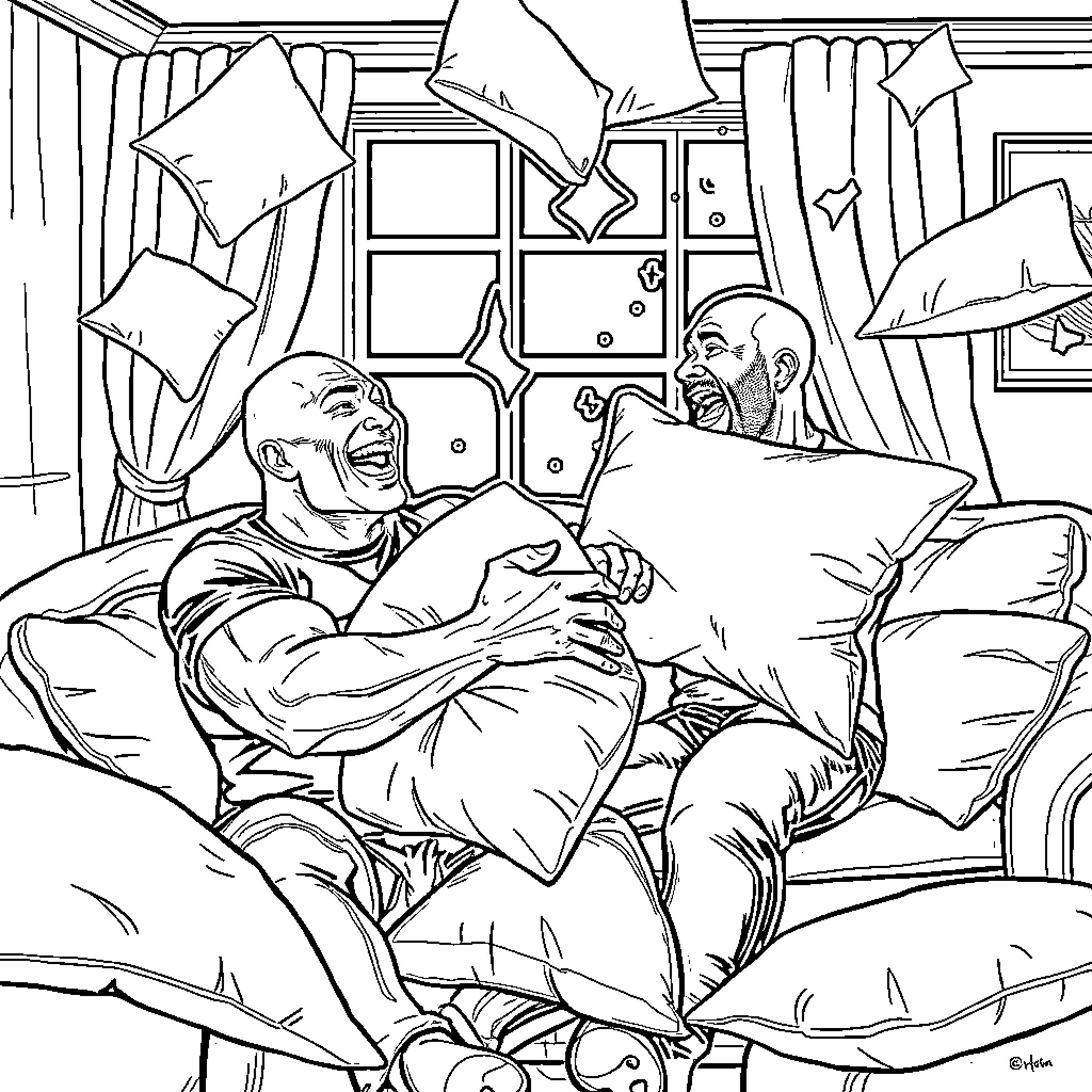Rock of Friends Relaxing in Messy Room Coloring Page (free black-and-white line drawing printable PDF for all, from beginners to advanced learners, including children, teens, adults, and seniors)