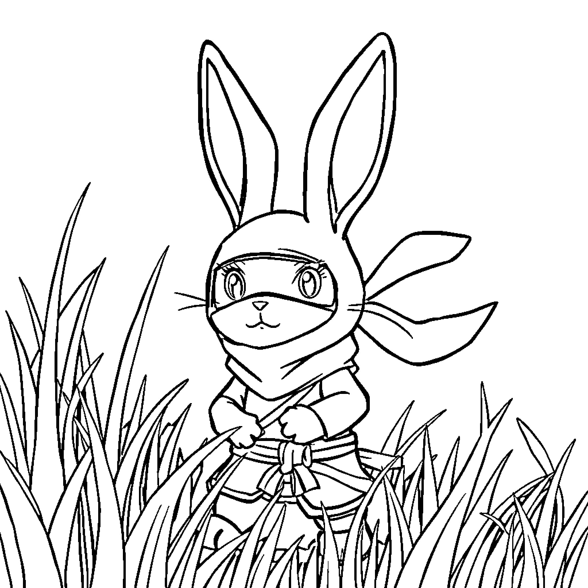 Ninja Rabbit in a Grassy Meadow Coloring Page (free black-and-white line drawing printable PDF for all, from beginners to advanced learners, including children, teens, adults, and seniors)