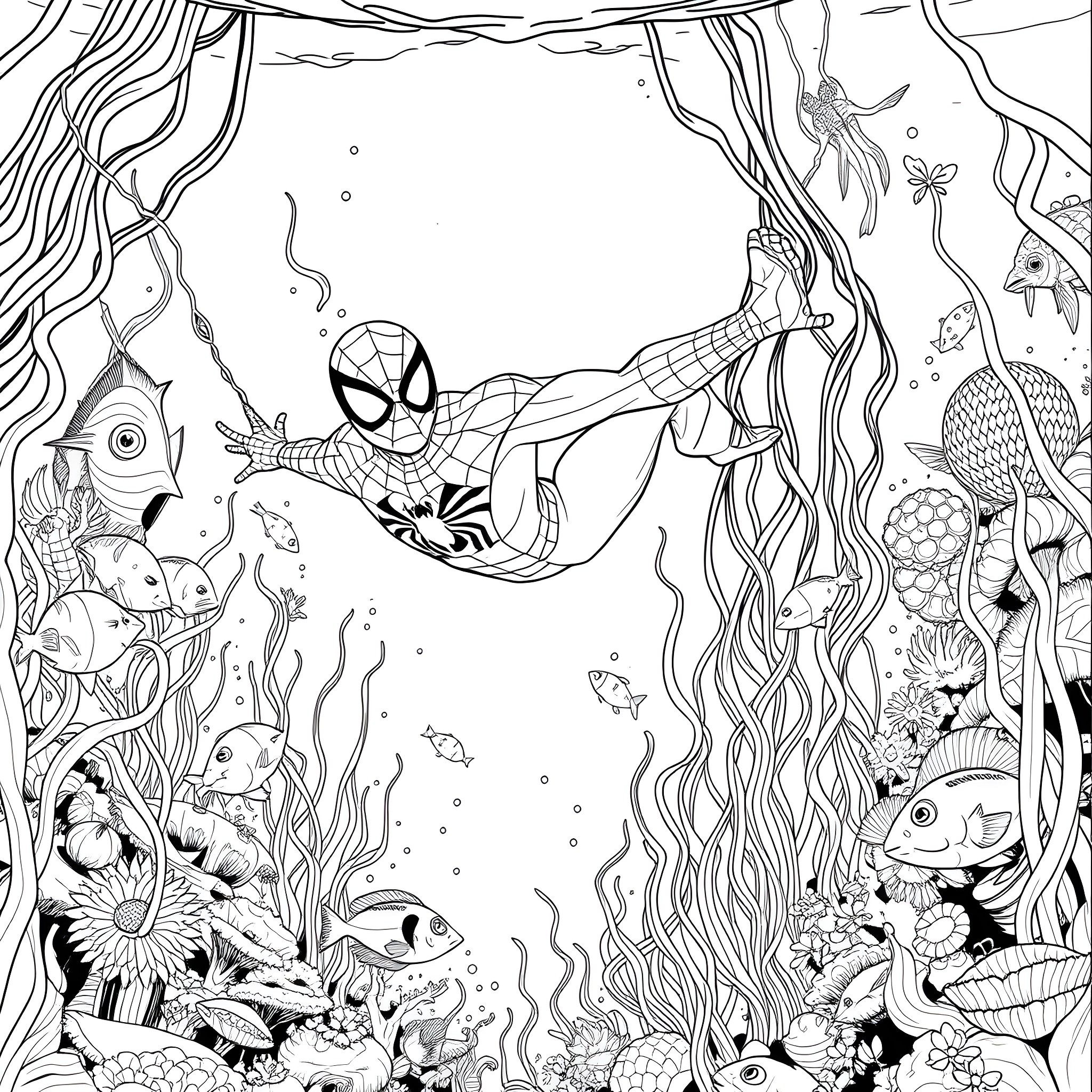 Spiderman Underwater Adventure with Marine Life Coloring Page (free black-and-white line drawing printable PDF for all, from beginners to advanced learners, including children, teens, adults, and seniors)