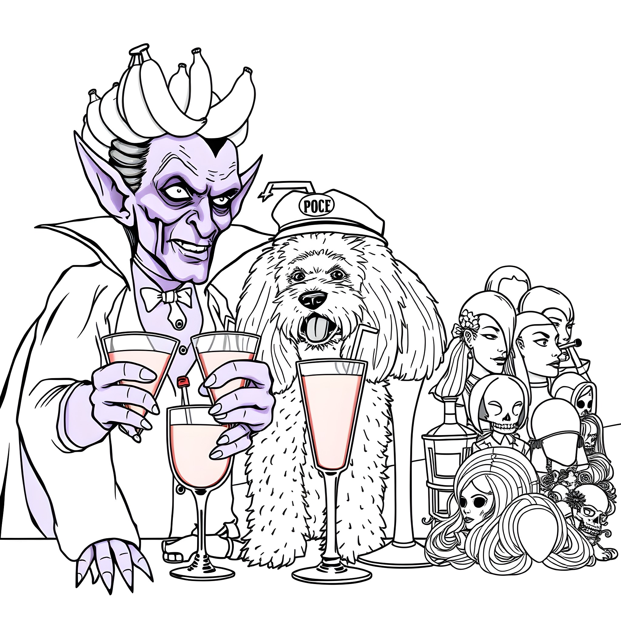 Dracula hosting a creepy party with his furry companion Coloring Page (free black-and-white line drawing printable PDF for all, from beginners to advanced learners, including children, teens, adults, and seniors)