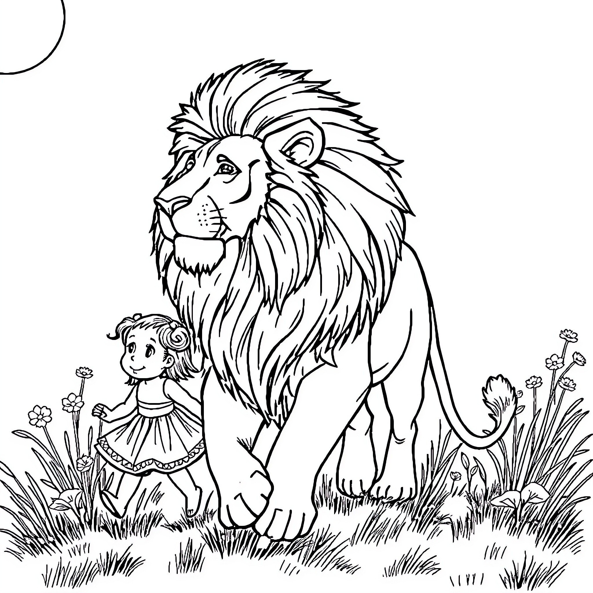 Lion and girl in enchanted forest Coloring Page (free black-and-white line drawing printable PDF for all, from beginners to advanced learners, including children, teens, adults, and seniors)