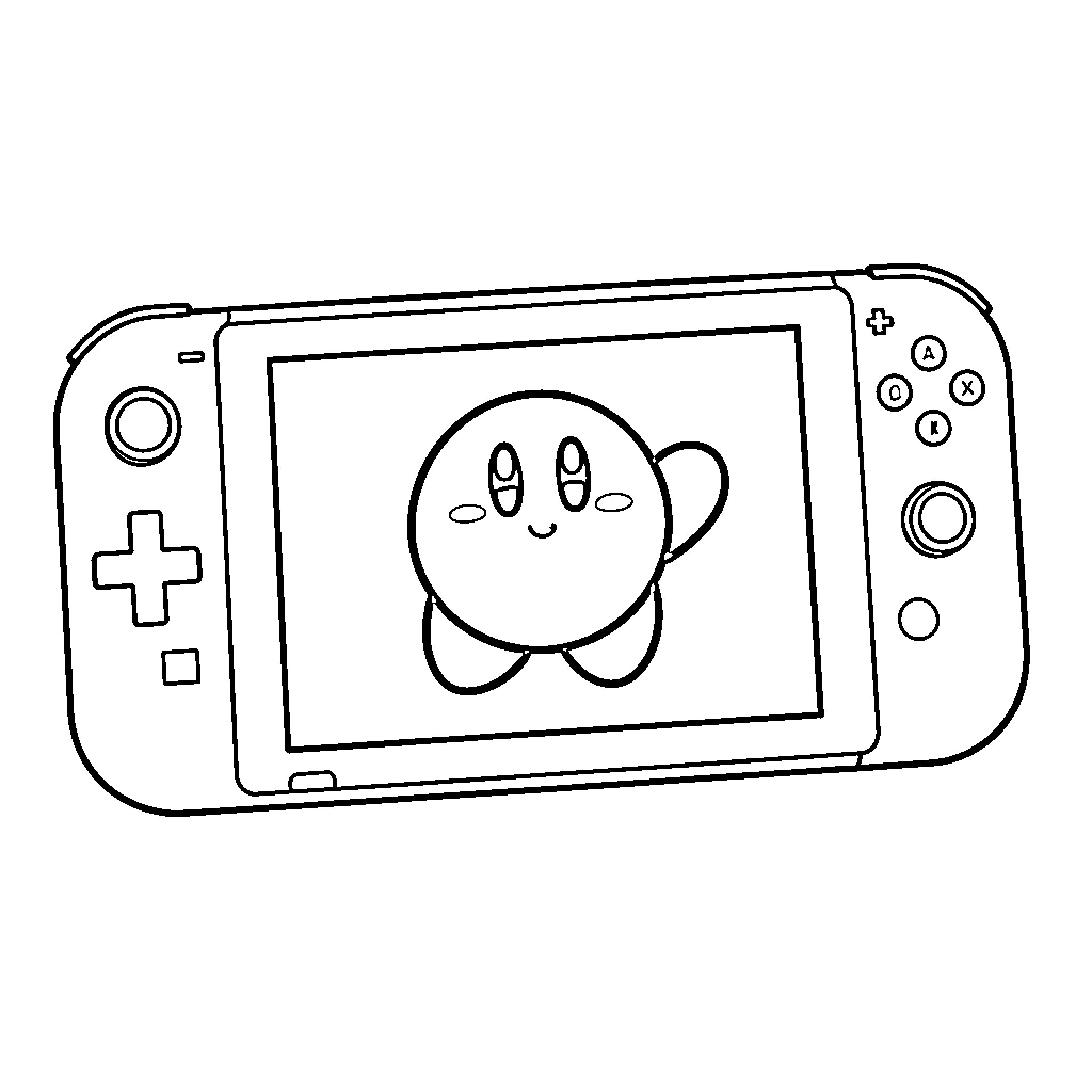 Nintendo Switch displaying a happy Kirby character Coloring Page (free black-and-white line drawing printable PDF for all, from beginners to advanced learners, including children, teens, adults, and seniors)