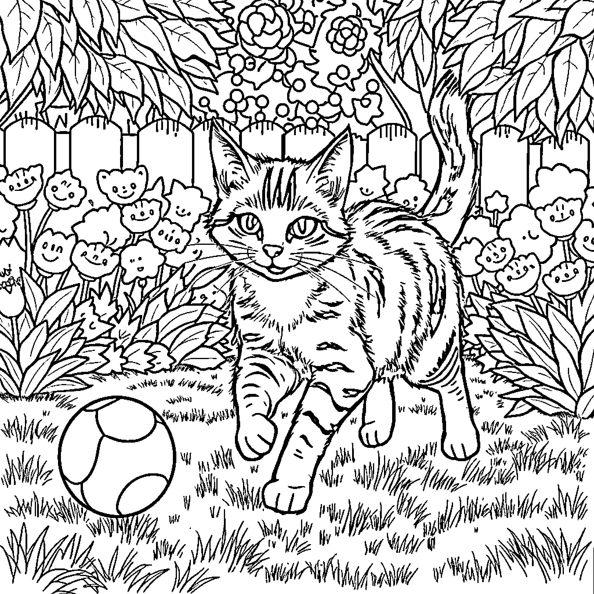 Cat playing in a garden with flowers Coloring Page (free black-and-white line drawing printable PDF for all, from beginners to advanced learners, including children, teens, adults, and seniors)