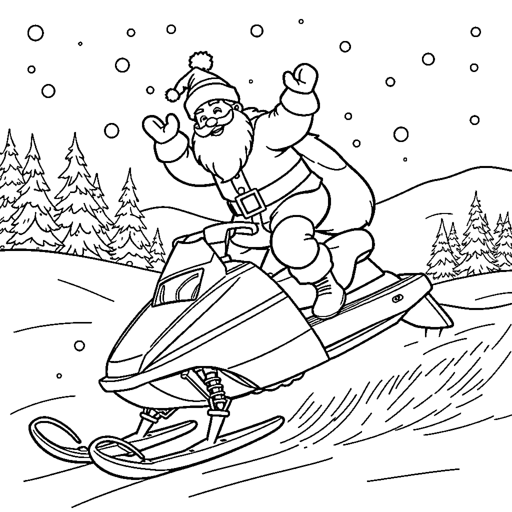 Santa Claus riding a snowmobile in a snowy landscape Coloring Page (free black-and-white line drawing printable PDF for all, from beginners to advanced learners, including children, teens, adults, and seniors)