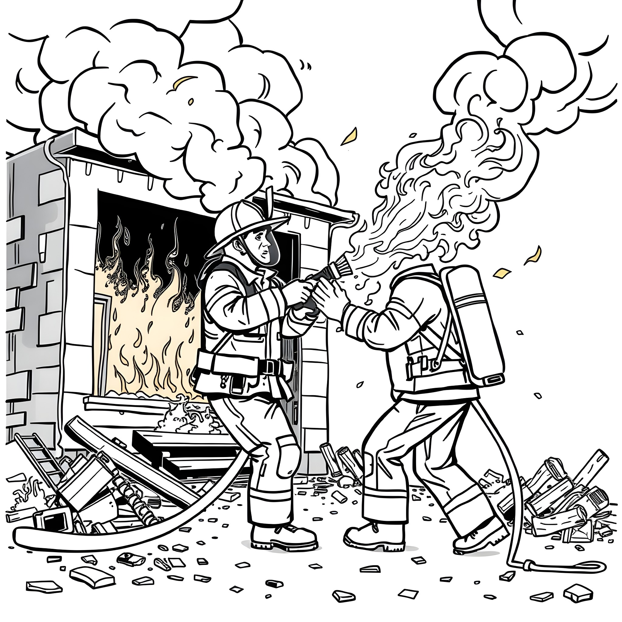 Firefighters bravely battling a raging blaze Coloring Page (free black-and-white line drawing printable PDF for all, from beginners to advanced learners, including children, teens, adults, and seniors)
