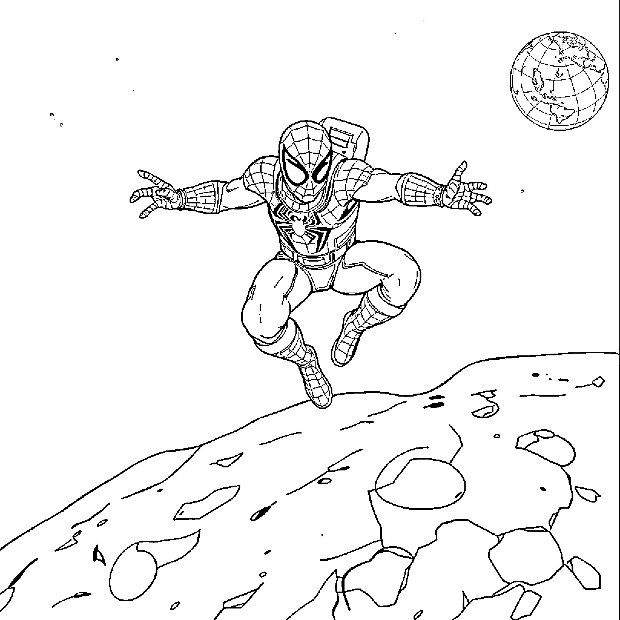 Spider-Man swinging heroically through the city Coloring Page (free black-and-white line drawing printable PDF for all, from beginners to advanced learners, including children, teens, adults, and seniors)