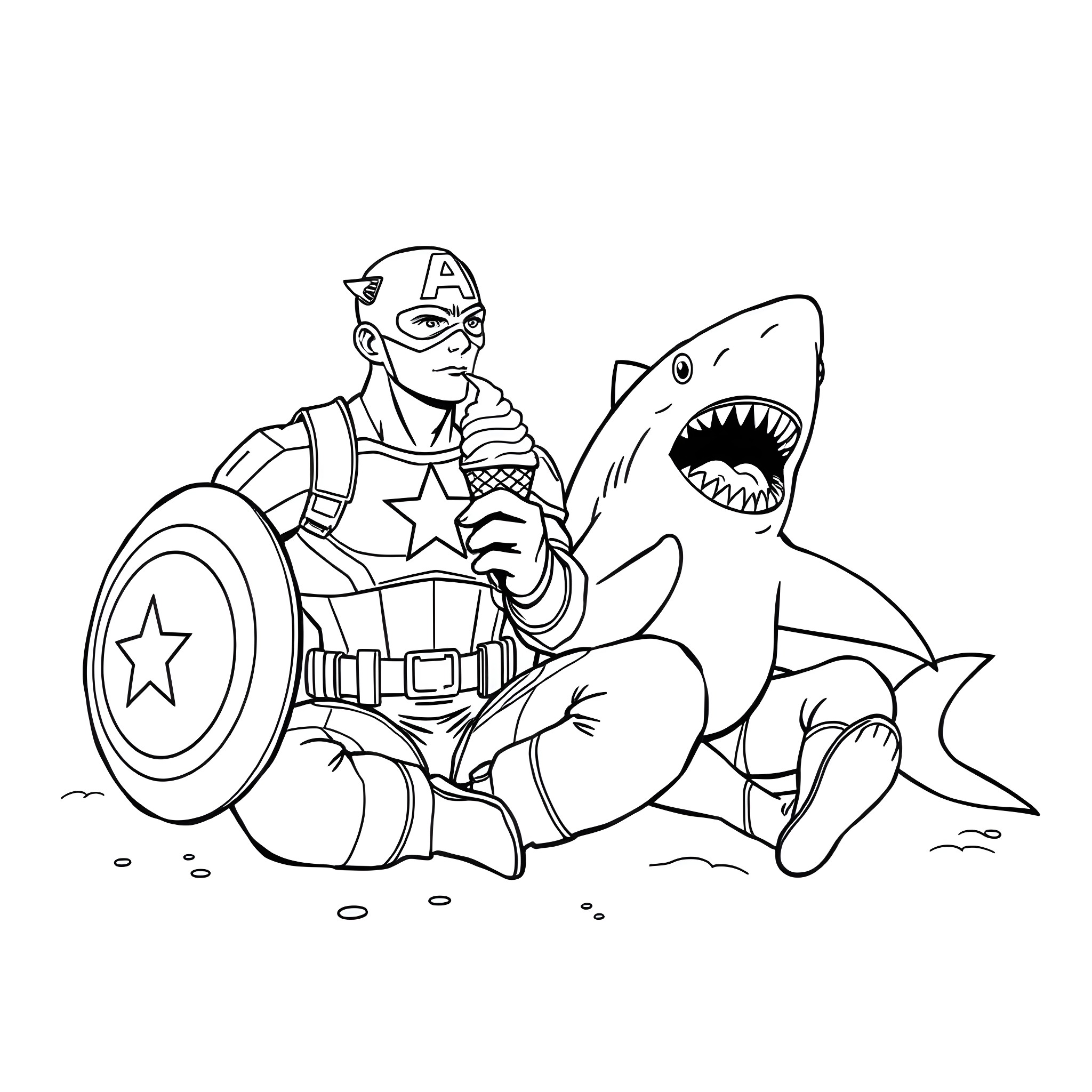 Captain America battles a ferocious shark Coloring Page (free black-and-white line drawing printable PDF for all, from beginners to advanced learners, including children, teens, adults, and seniors)