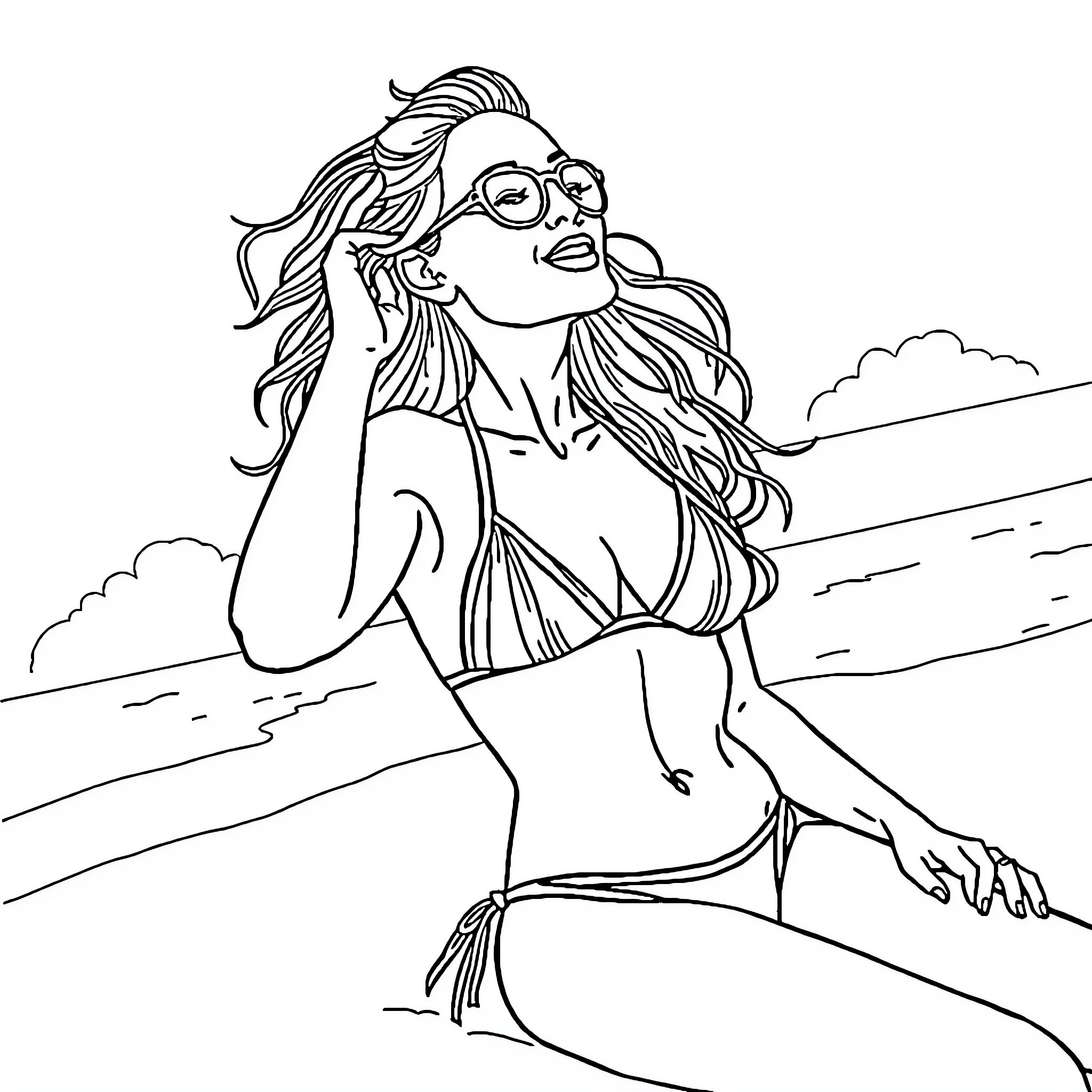 Woman enjoying nature by the beach Coloring Page (free black-and-white line drawing printable PDF for all, from beginners to advanced learners, including children, teens, adults, and seniors)