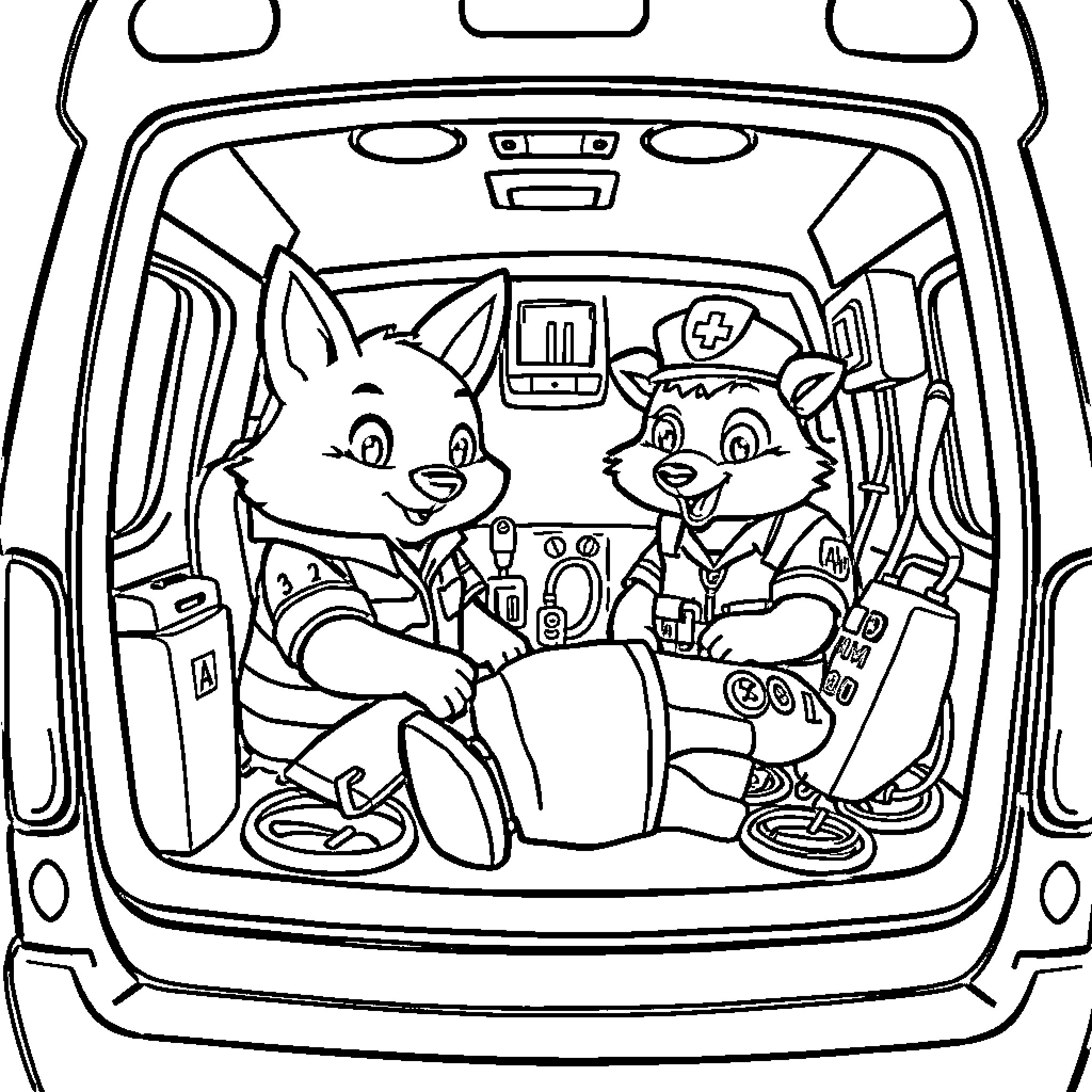 Paramedics responding to an emergency in their ambulance Coloring Page (free black-and-white line drawing printable PDF for all, from beginners to advanced learners, including children, teens, adults, and seniors)