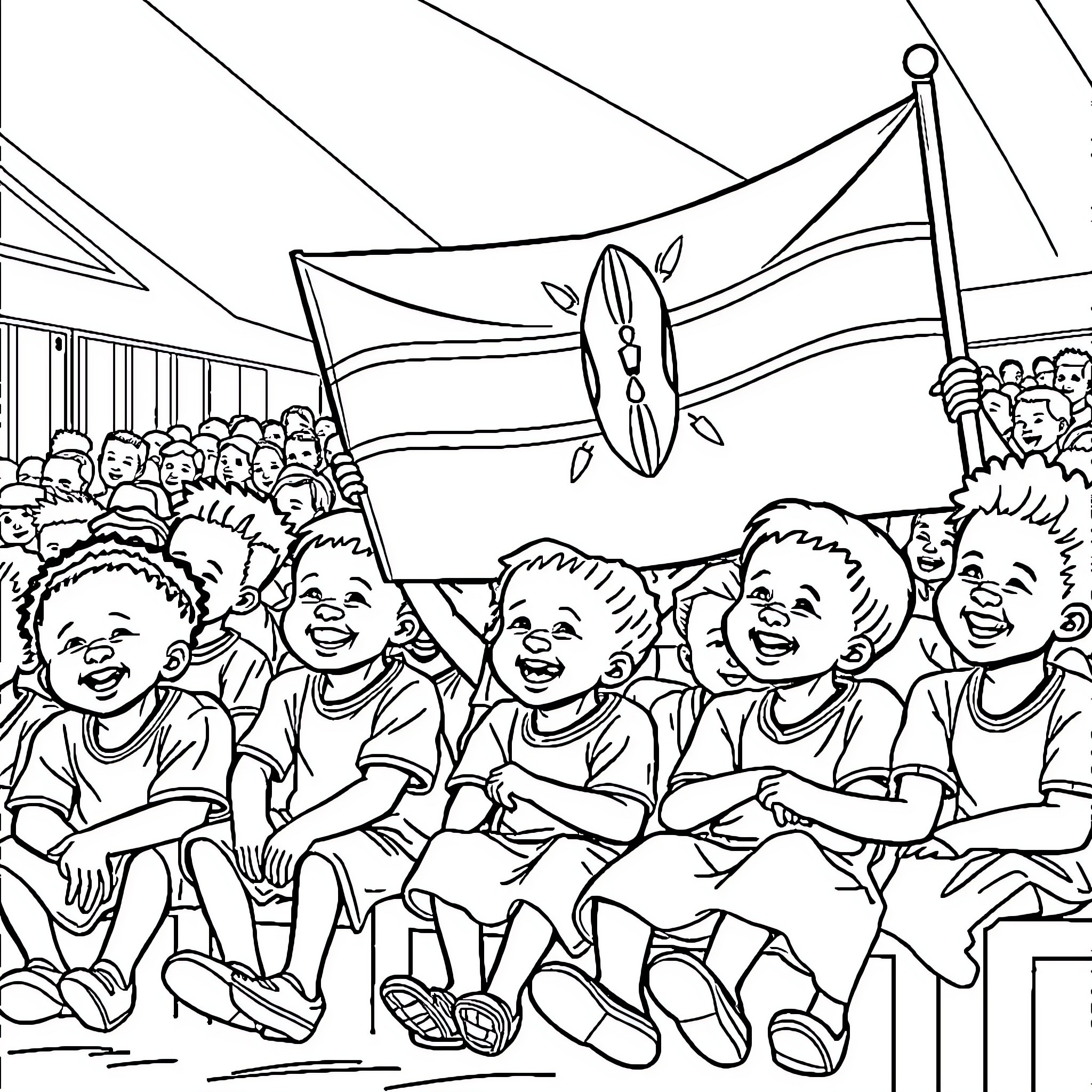 Child crowd watching performance with flag Coloring Page (free black-and-white line drawing printable PDF for all, from beginners to advanced learners, including children, teens, adults, and seniors)