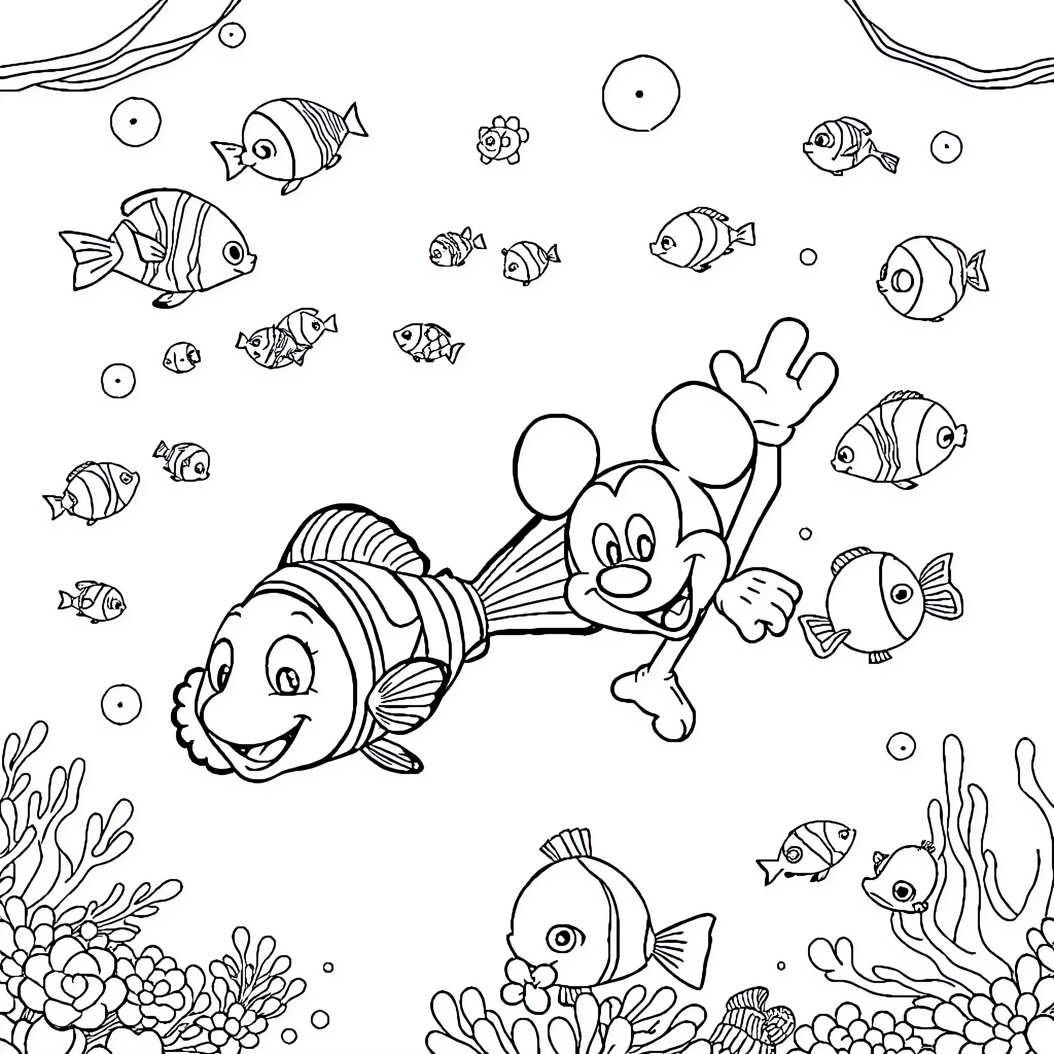 Nemo and friends explore the underwater world Coloring Page (free black-and-white line drawing printable PDF for all, from beginners to advanced learners, including children, teens, adults, and seniors)