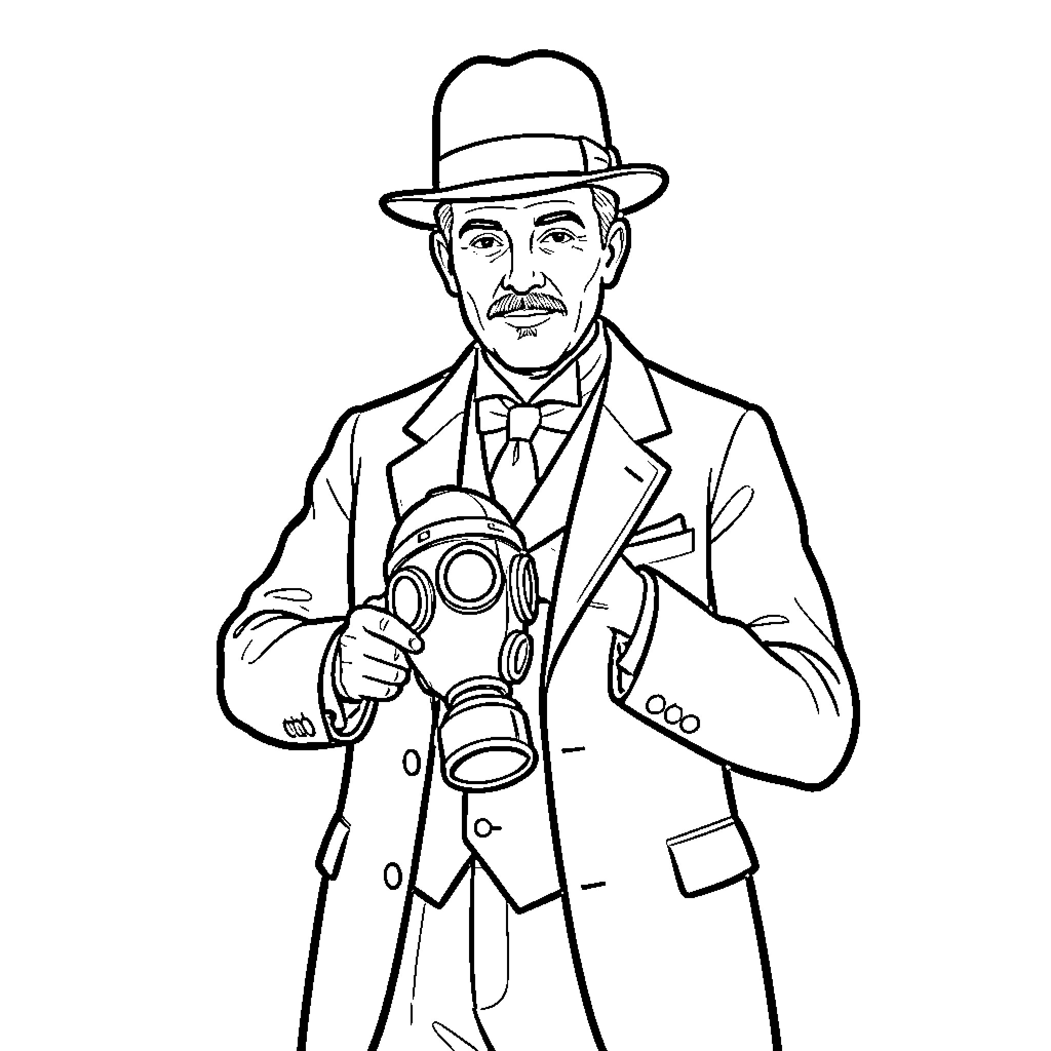 Garrett Morgan demonstrates gas mask invention Coloring Page (free black-and-white line drawing printable PDF for all, from beginners to advanced learners, including children, teens, adults, and seniors)